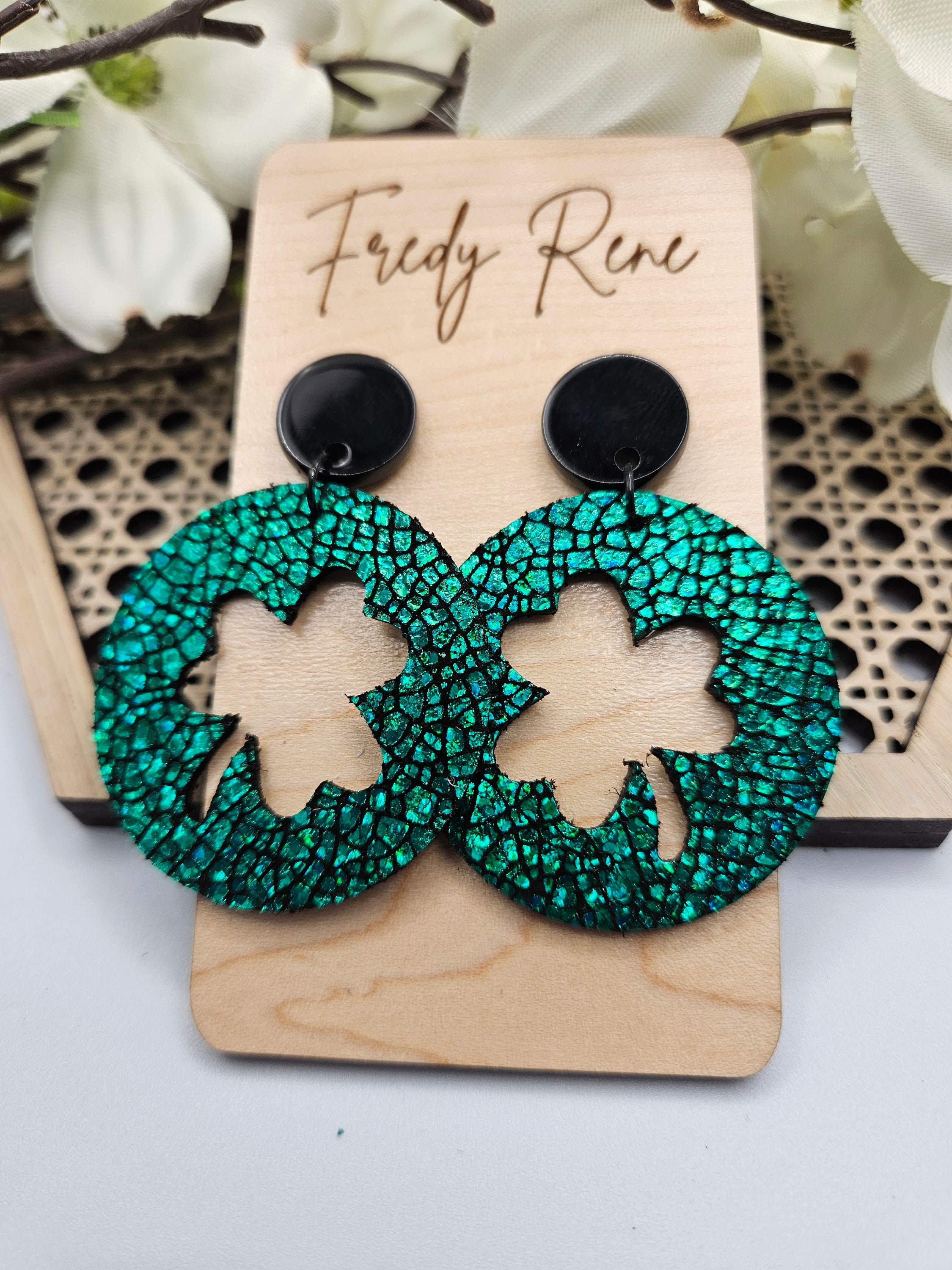 Handmade Green Sparkle Clover Cutout Genuine Leather Earrings with Black Studs