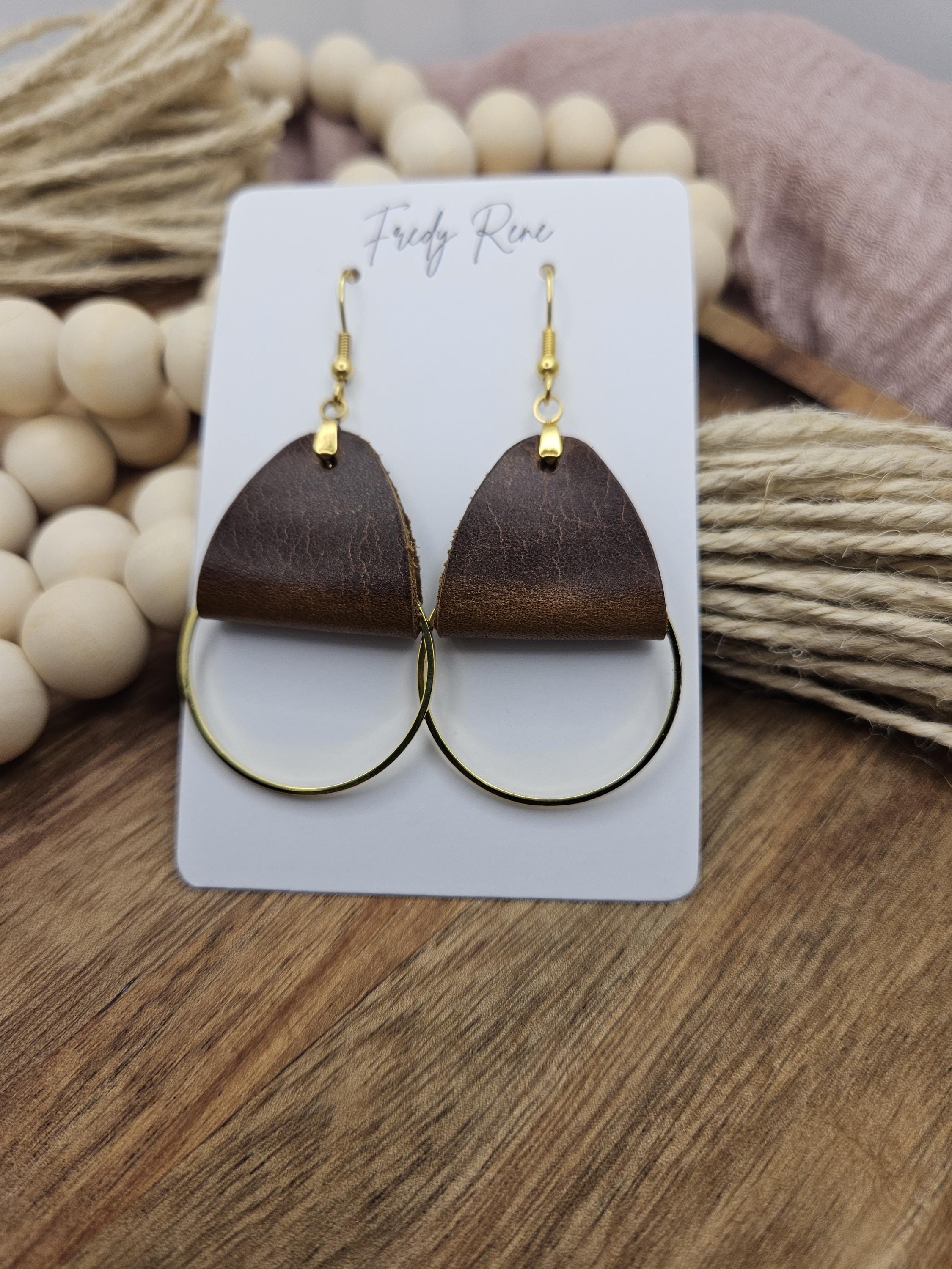 Brown leather dangle earrings, Gold metal circle accent, Light handmade genuine leather, Birthday gift for women, Rustic Boho drop earrings - Thumbnail 4