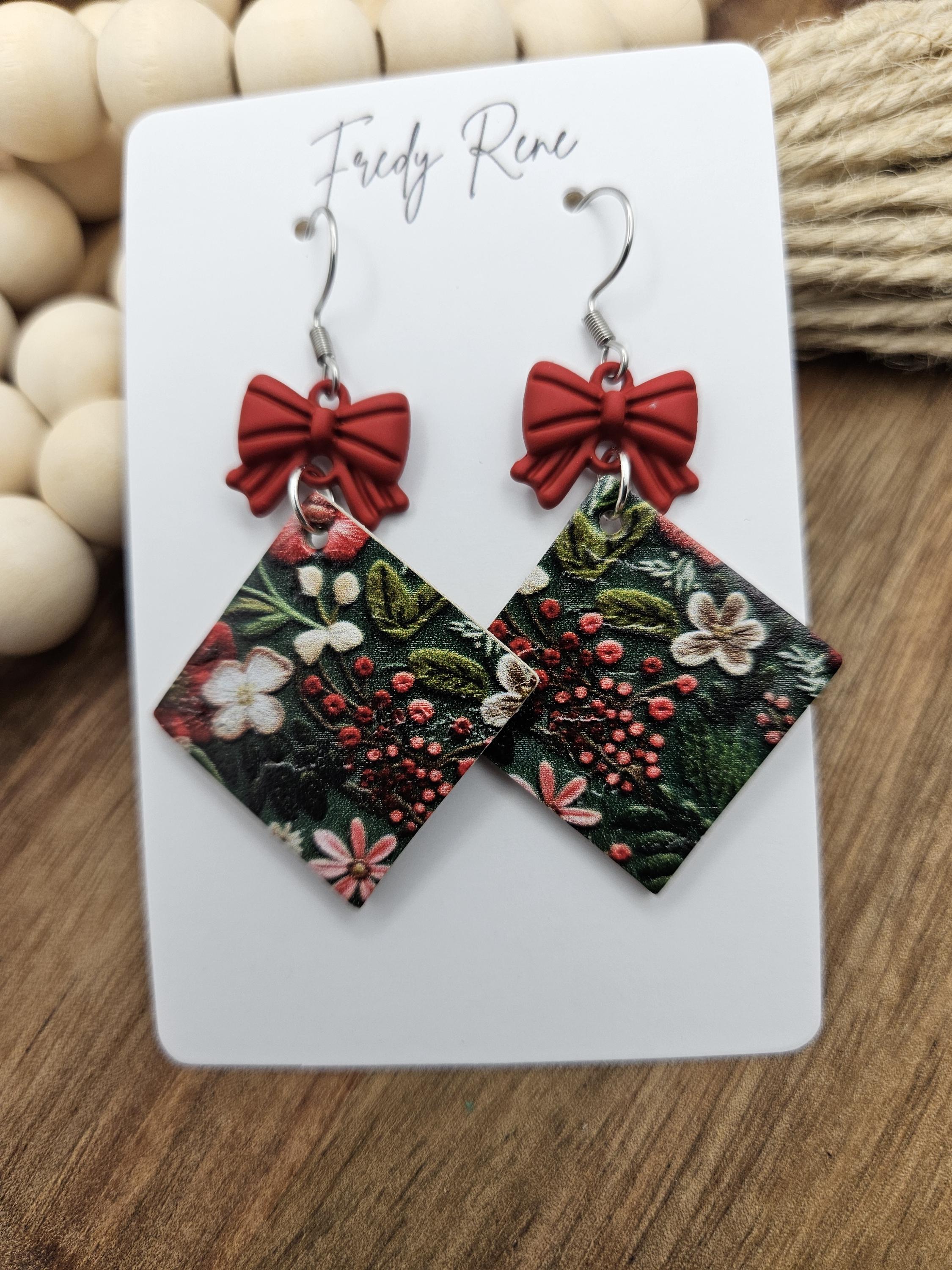 Handcrafted Red & Green Floral Cork Earrings with Genuine Leather Backing- Lightweight, Stylish, and Trendy Accessory for Holiday Wear - Thumbnail 3
