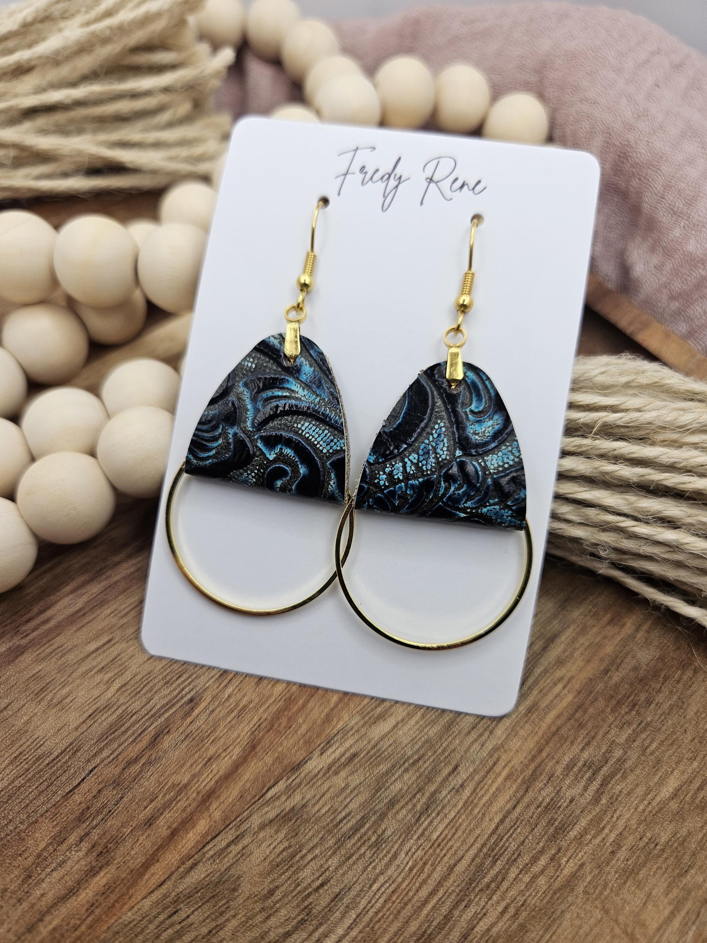 Stylish Blue Leather Earrings with Gold Metal Circles - Handmade Lightweight Design for Everyday or Special Occasions - Thumbnail 3