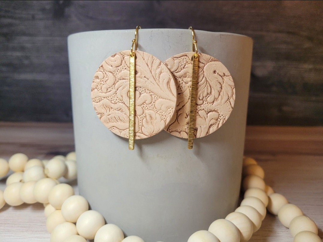 Handmade Embossed Tan Leather & Brass Earrings with Stainless Steel Hooks for Everyday Wear - Thumbnail 2