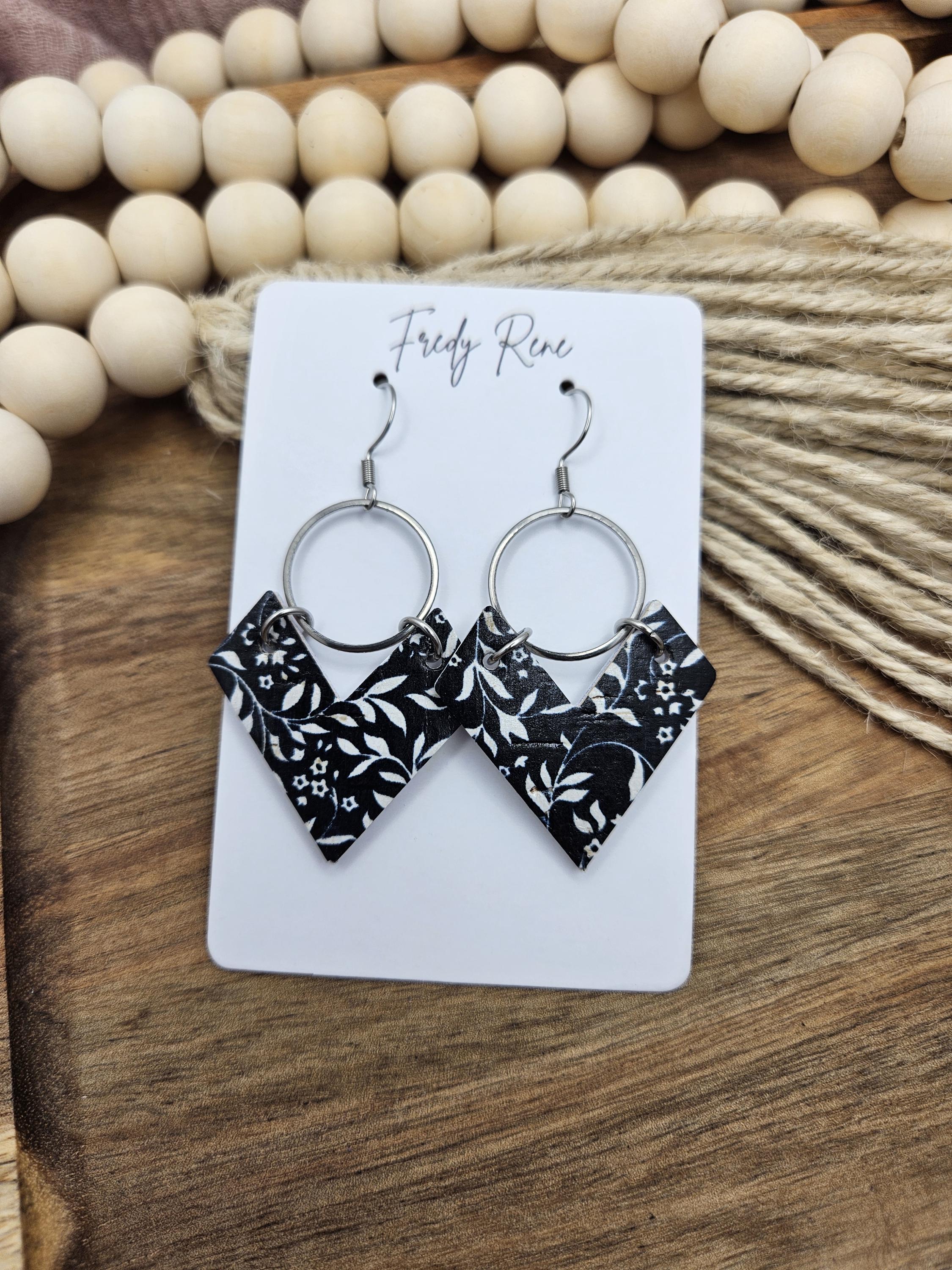 Cork Earrings, Genuine Leather Backing, Black and White Floral - Thumbnail 5