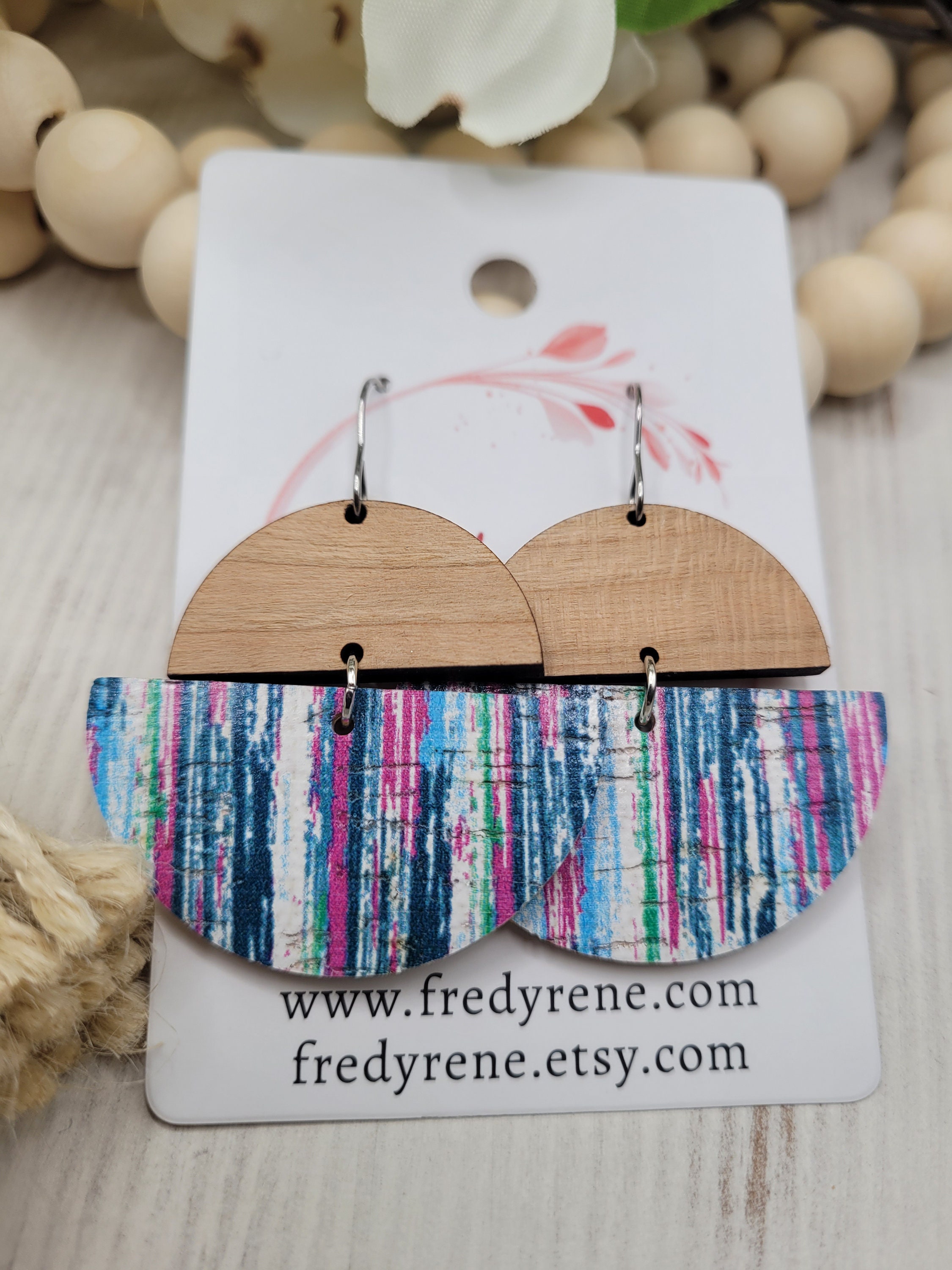 Handmade Wooden and Striped Cork backed with Leather Earrings with Light Weight Design