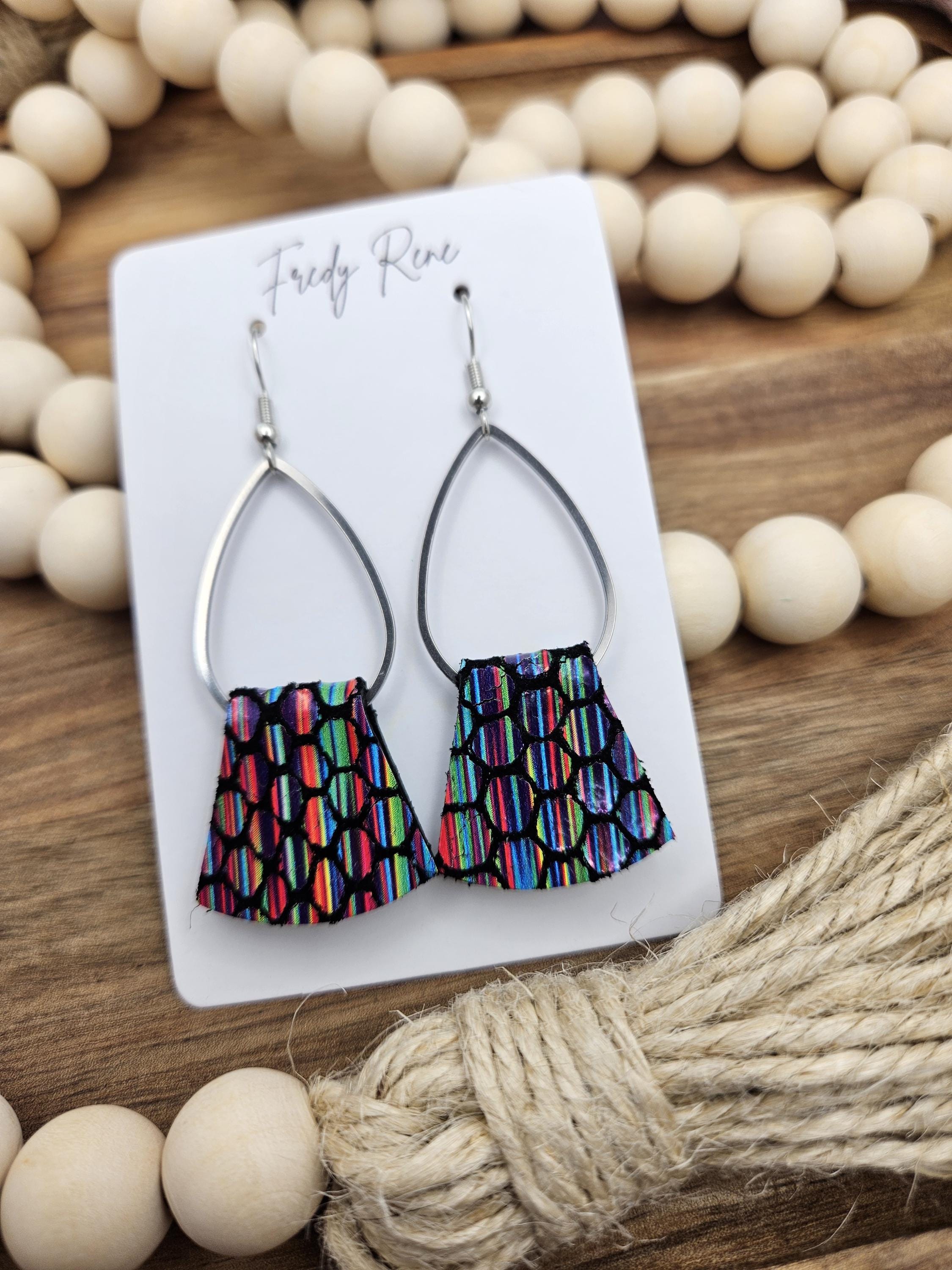 Metal Teardrop with Multicolor Genuine Leather Earrings - Thumbnail 6