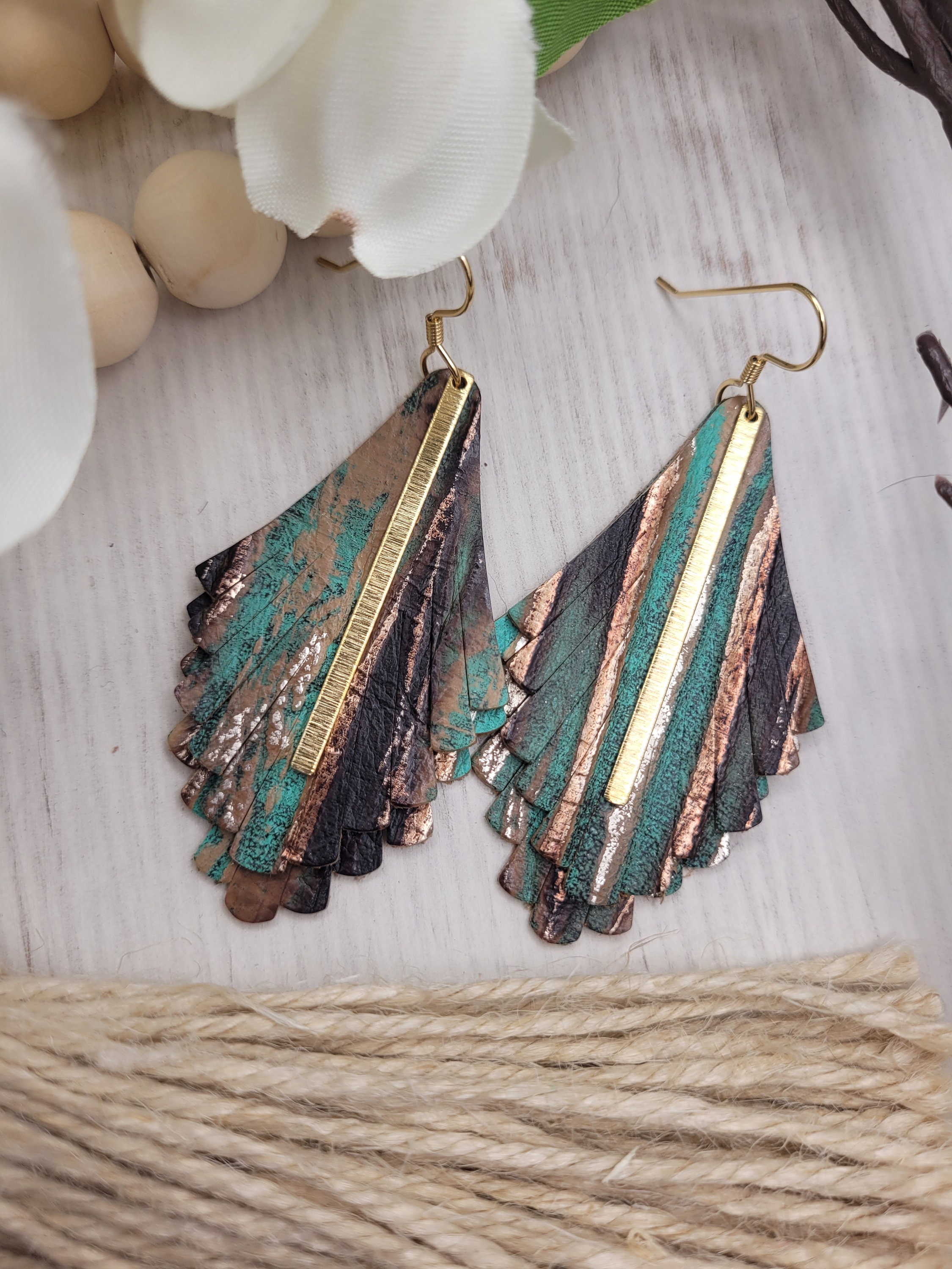 Boho Chic Leather Earrings with Brass Etched Bar - Lightweight, Handmade Turquoise Fringe - Thumbnail 5