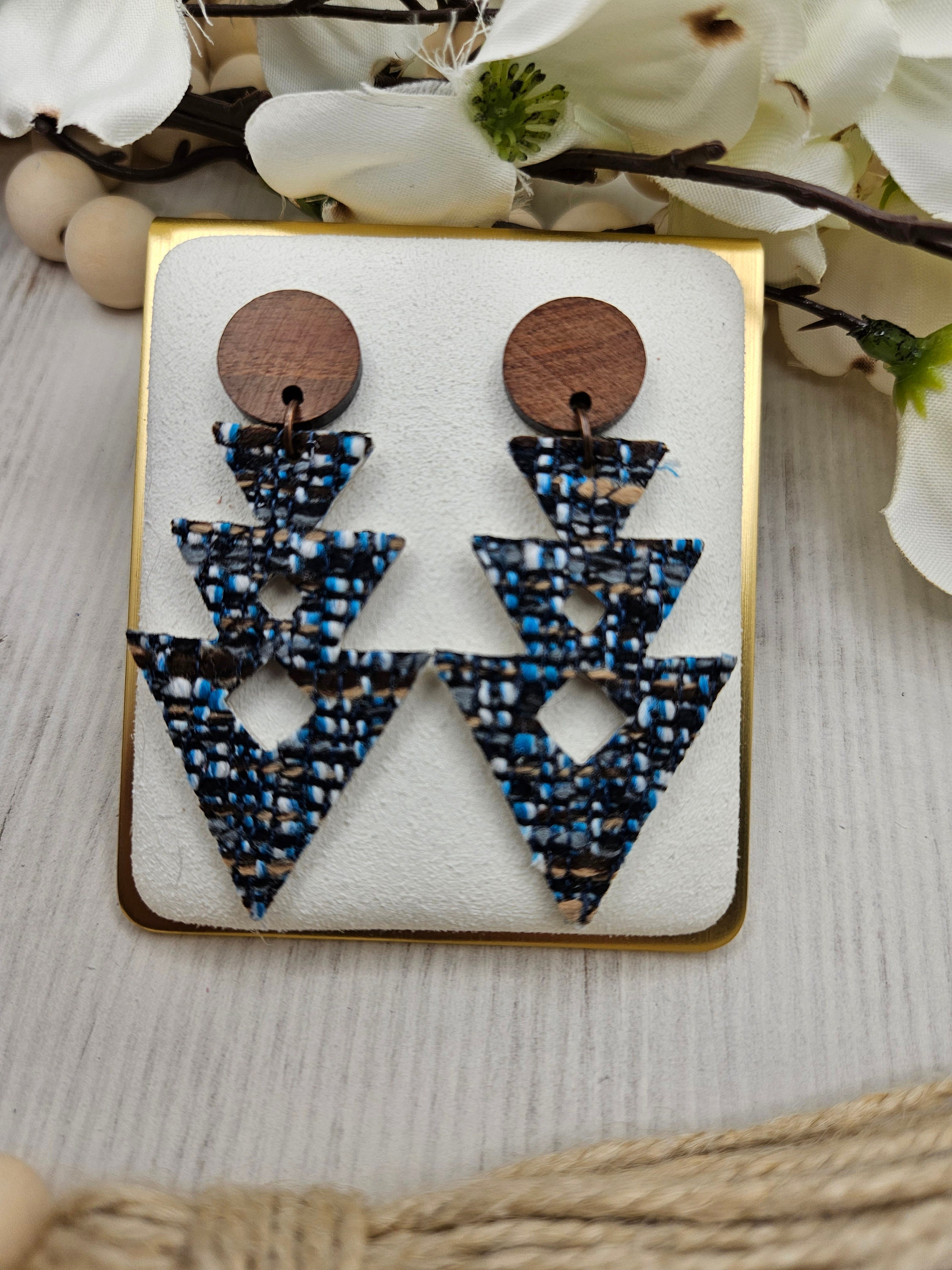 Handmade Lightweight Tweed Earrings with Genuine Leather Backing and Wooden Accent Stud