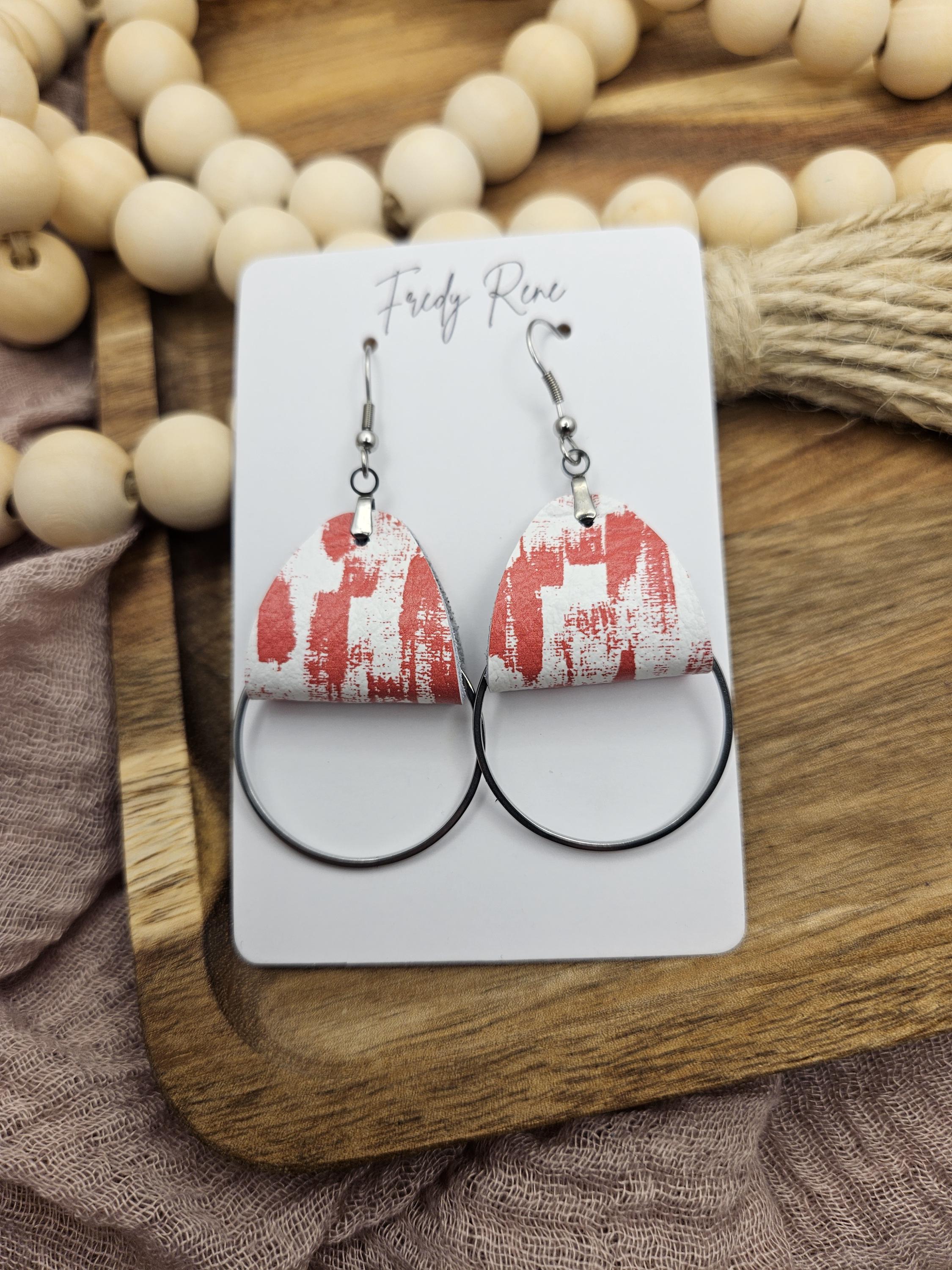 Handmade Red Abstract Striped Leather Earrings with Stainless Steel Circle Detail - Thumbnail 3