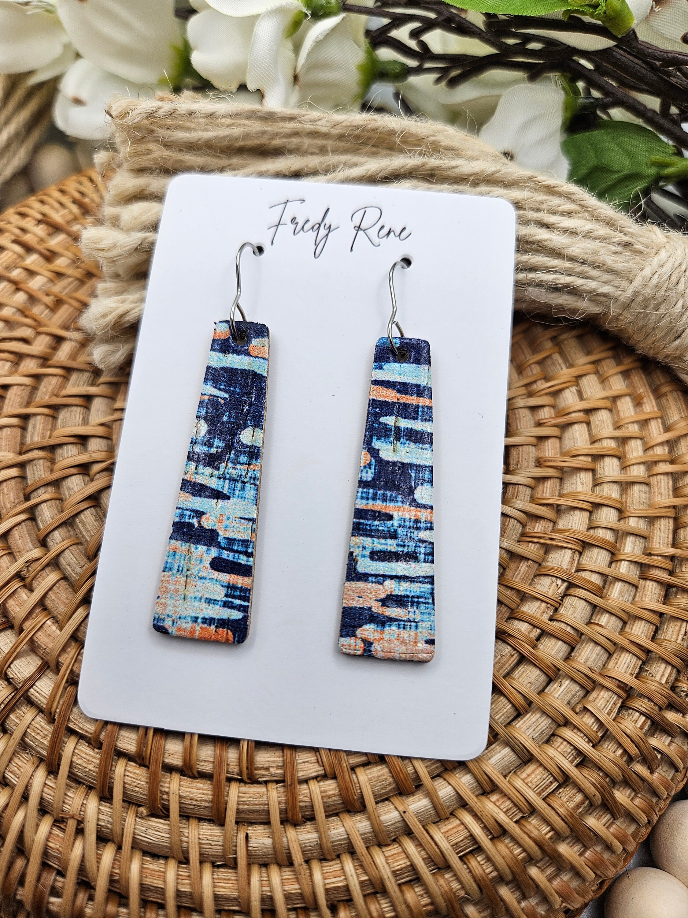 Abstract Blue Bar Cork Earrings with Genuine Leather Backing- Handmade Dangle Earrings for Everyday Wear - Thumbnail 2