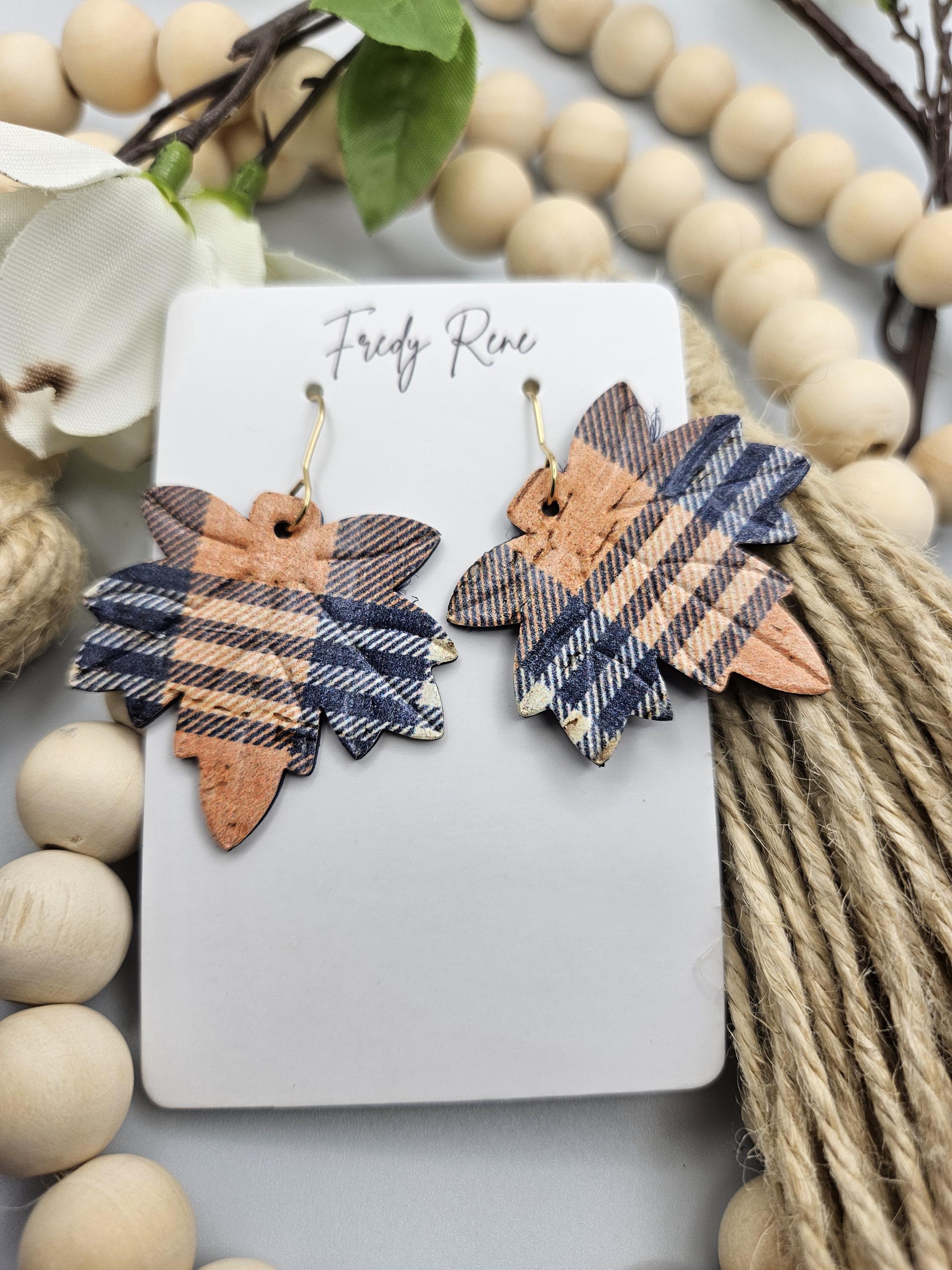 Fall Plaid Leaf Shaped Cork Earrings Backed with Genuine Leather - Thumbnail 4