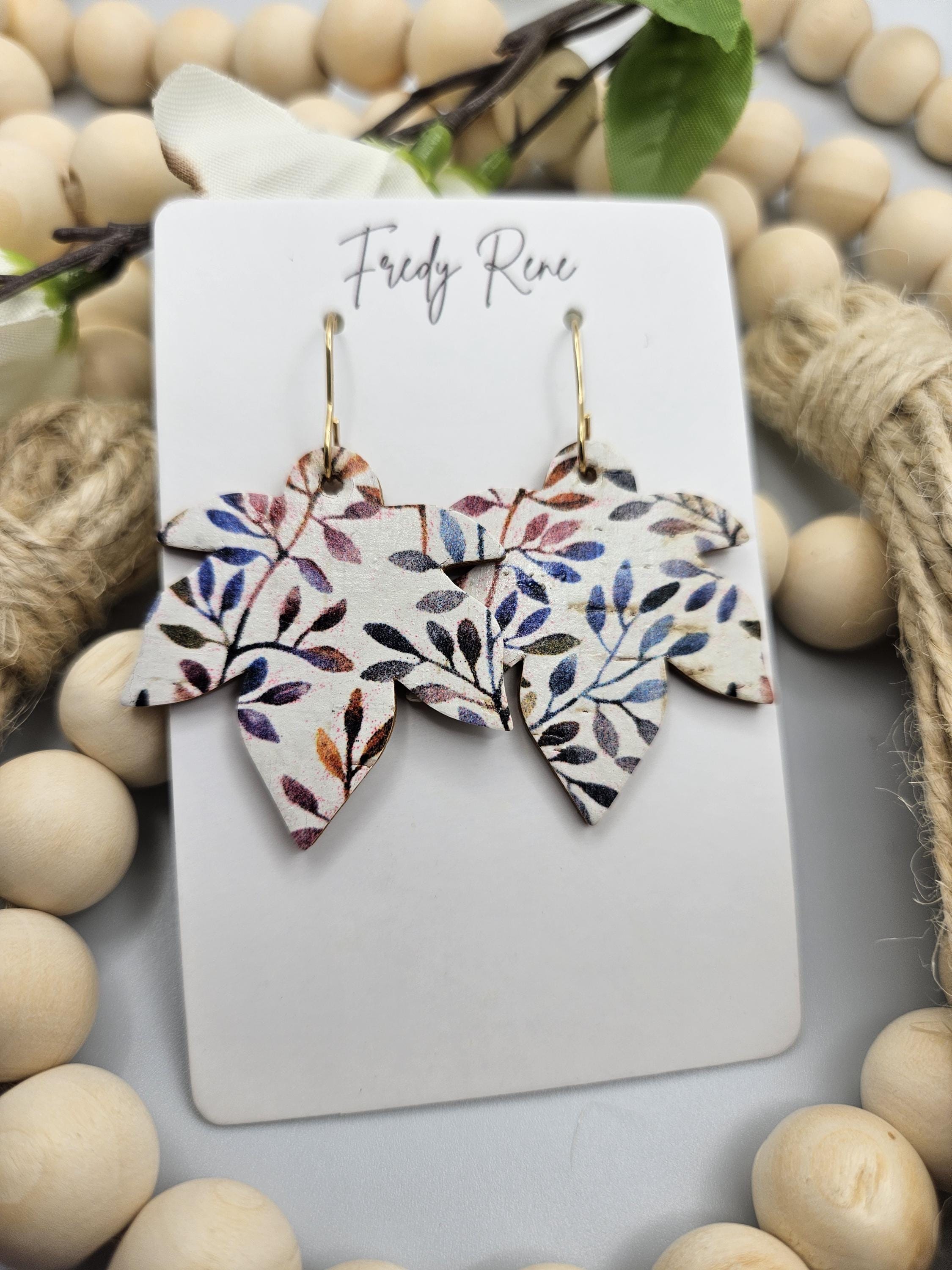 Fall Leaf Shaped Cork Earrings Backed with Genuine Leather - Thumbnail 7