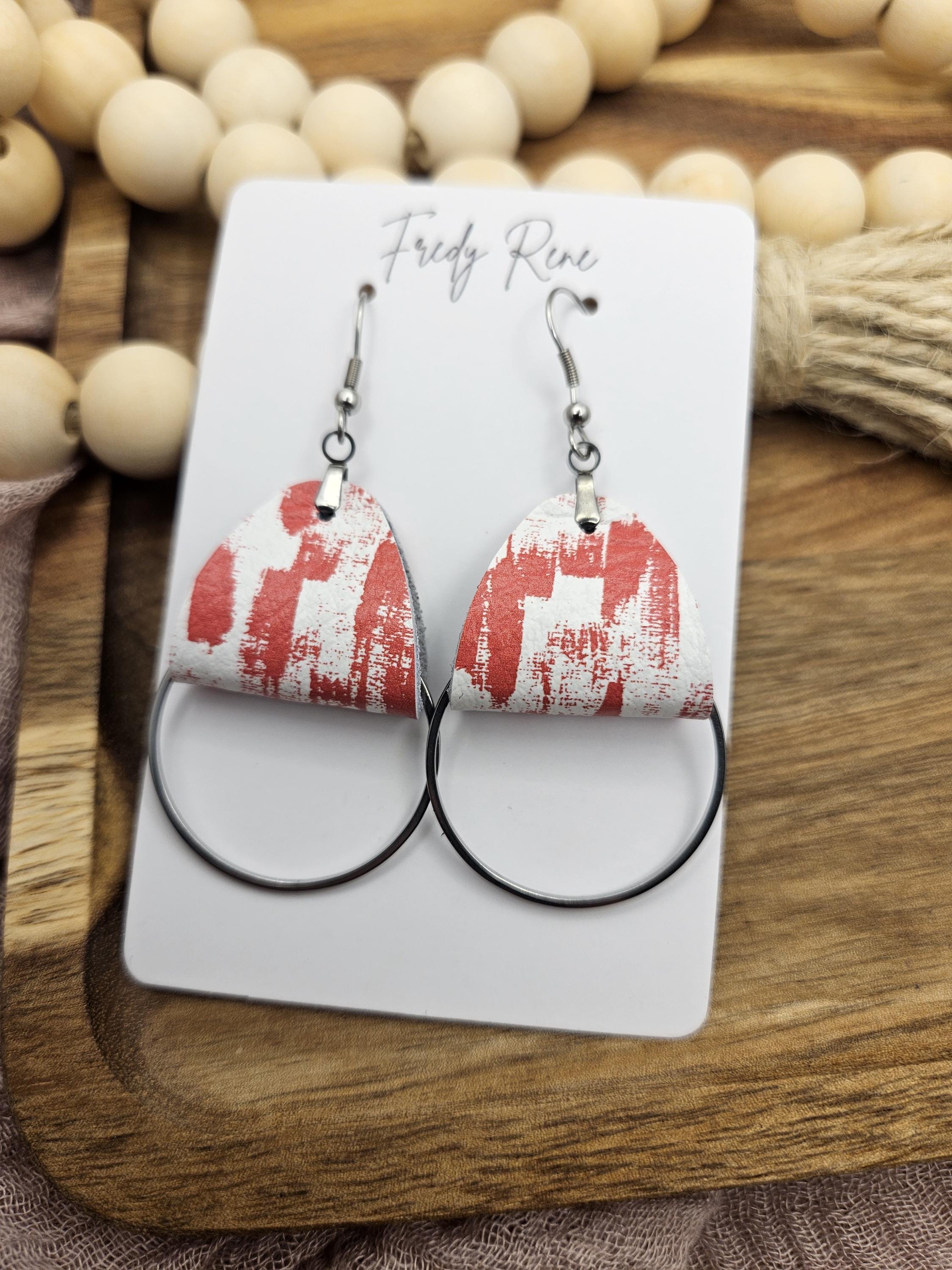 Handmade Red Abstract Striped Leather Earrings with Stainless Steel Circle Detail - Thumbnail 6