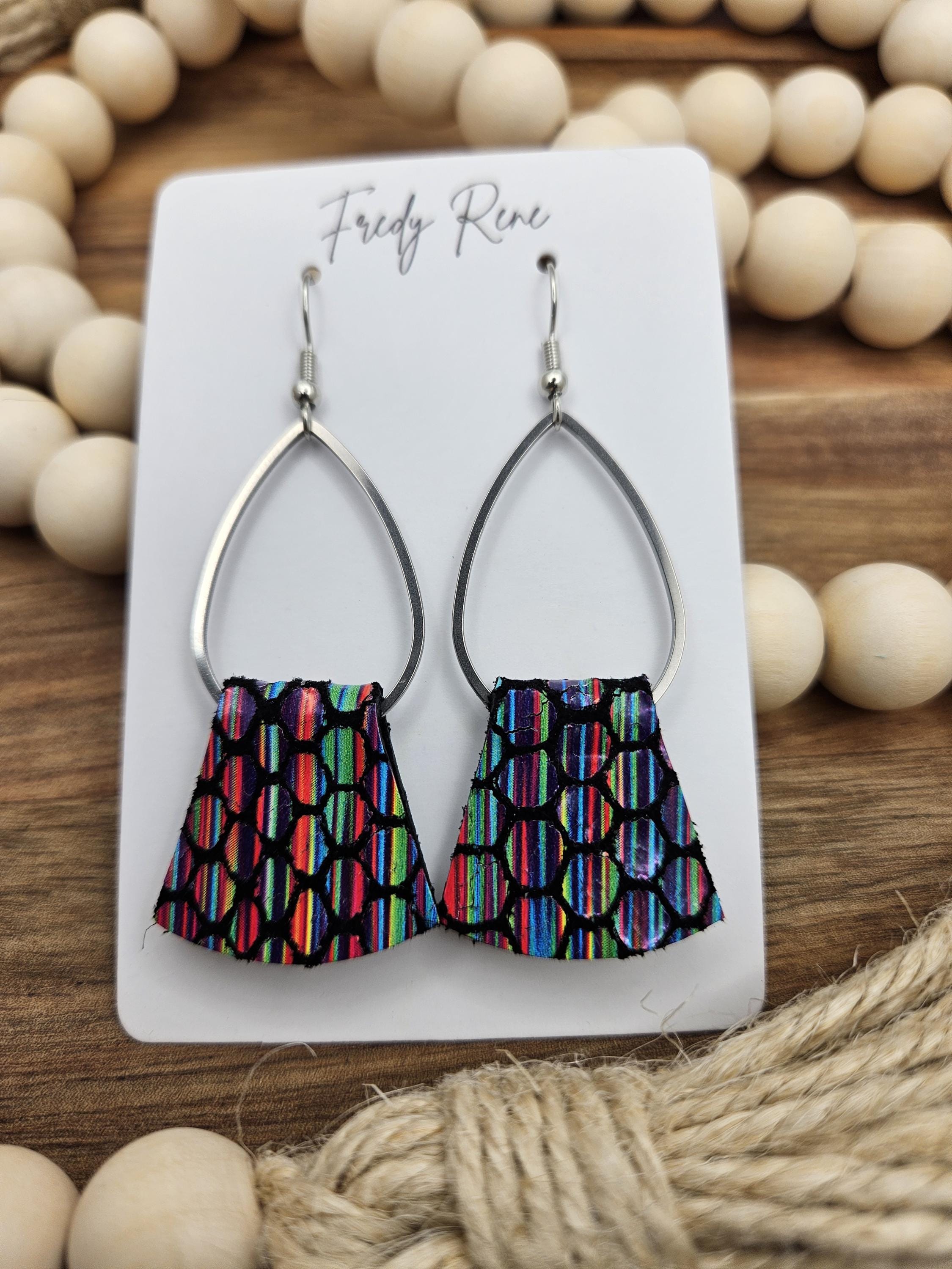 Metal Teardrop with Multicolor Genuine Leather Earrings - Thumbnail 2