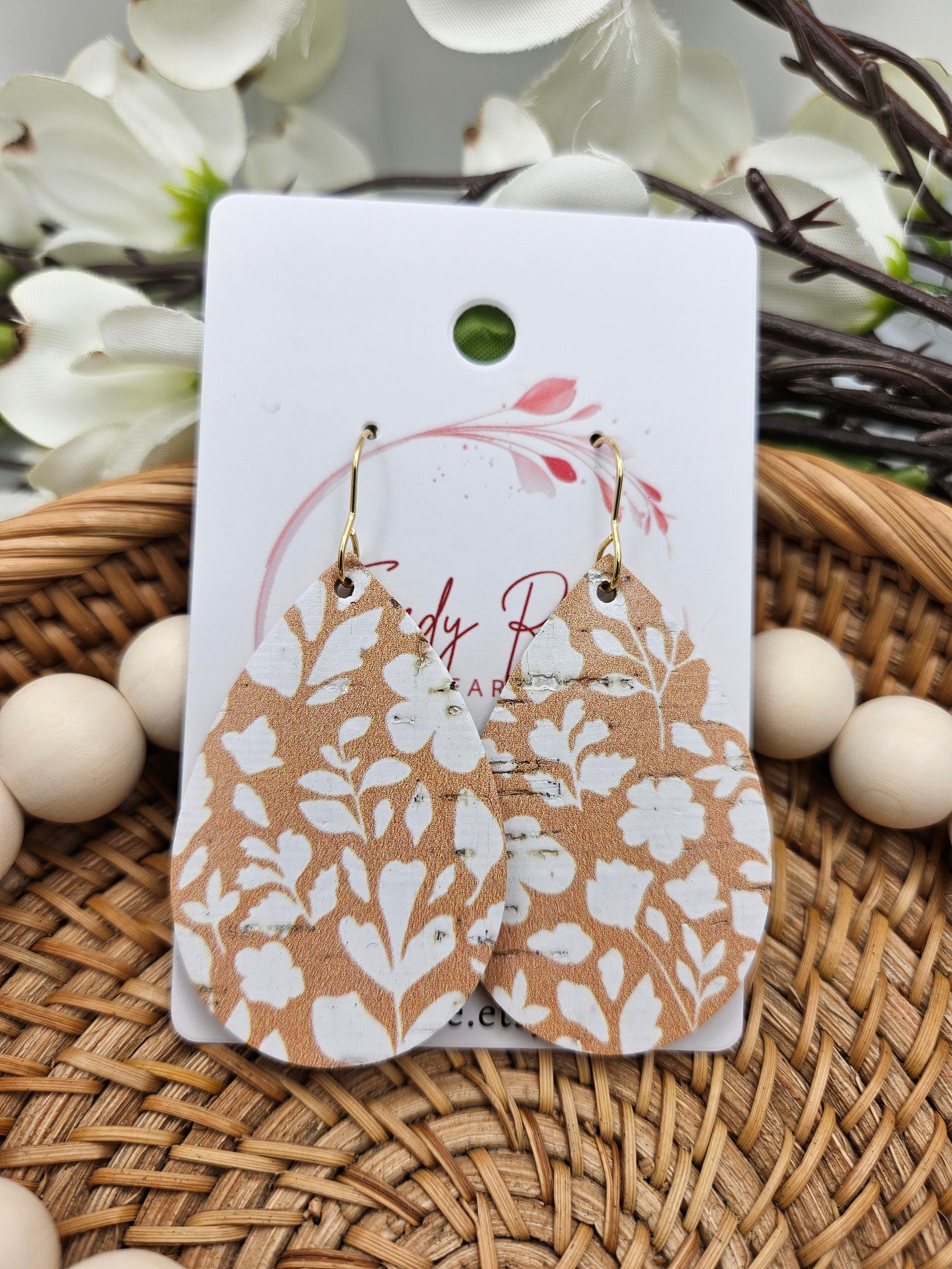 Medium Handcrafted Floral Cork Teardrop Earrings with Genuine Leather Backing - Thumbnail 4