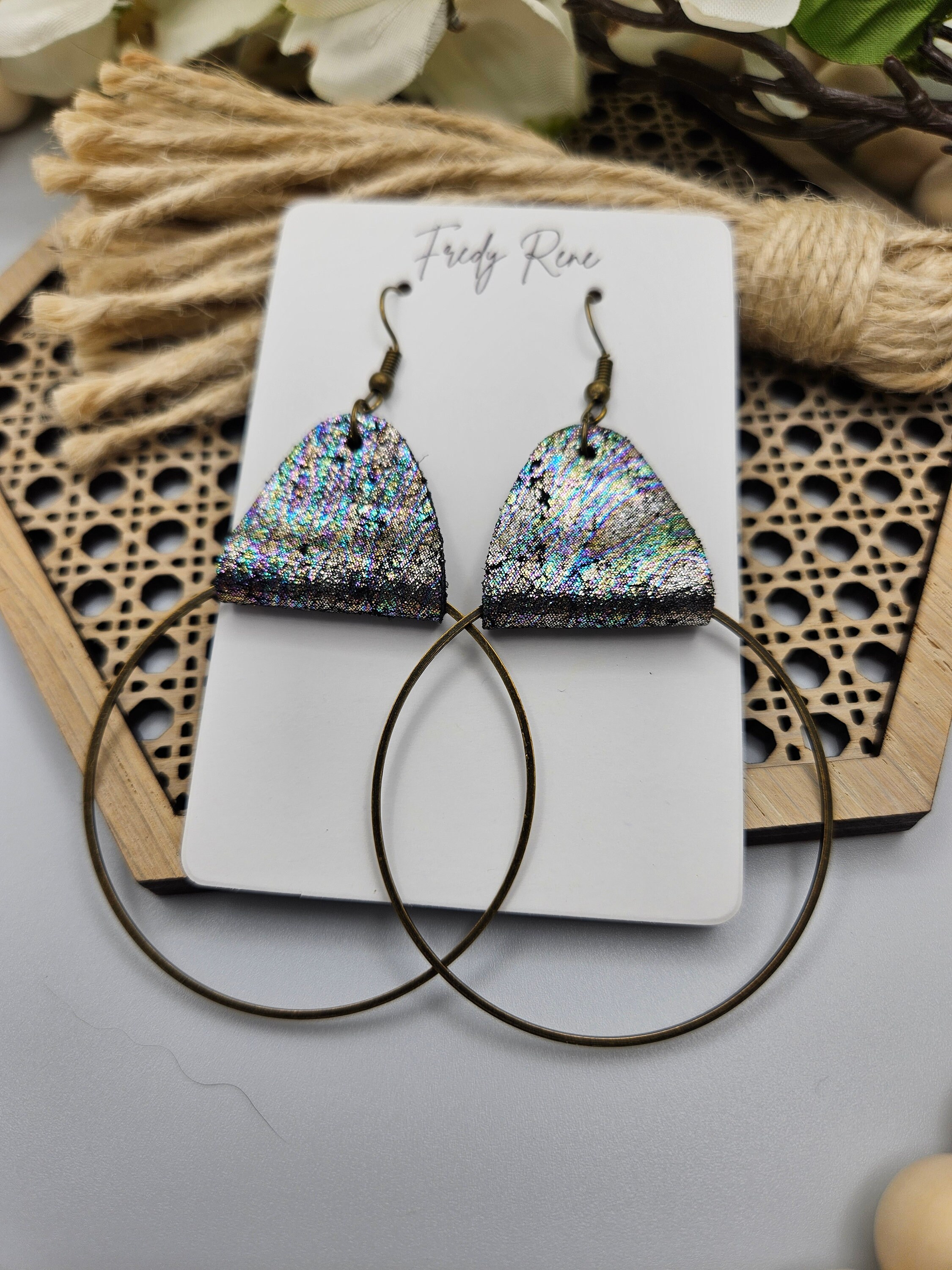 Iridescent Leather Earrings with Metal Hoops- Handmade Lightweight Trendy Jewelry- Unique Everyday Wear - Thumbnail 2