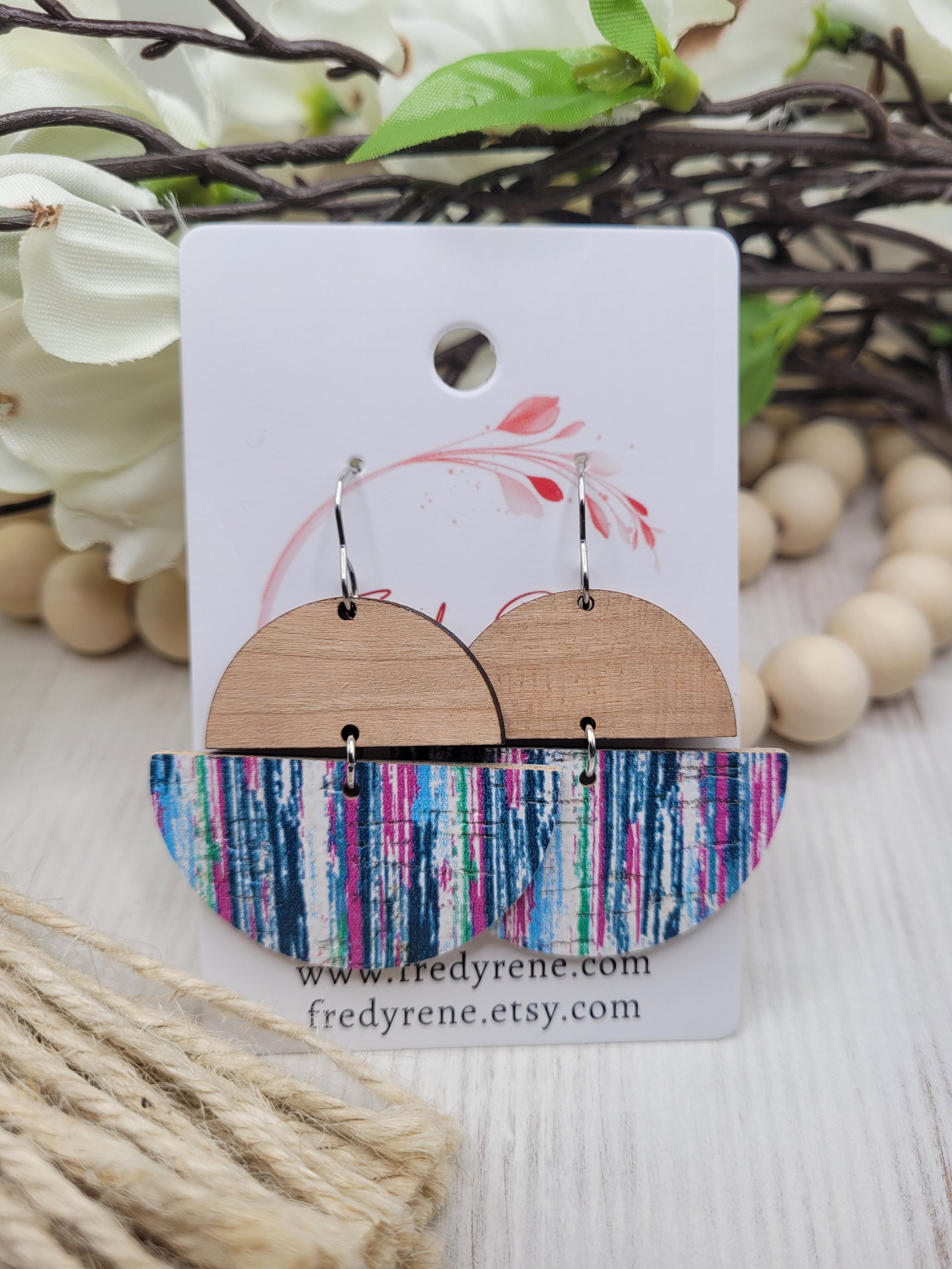 Handmade Wooden and Striped Cork backed with Leather Earrings with Light Weight Design - Thumbnail 6
