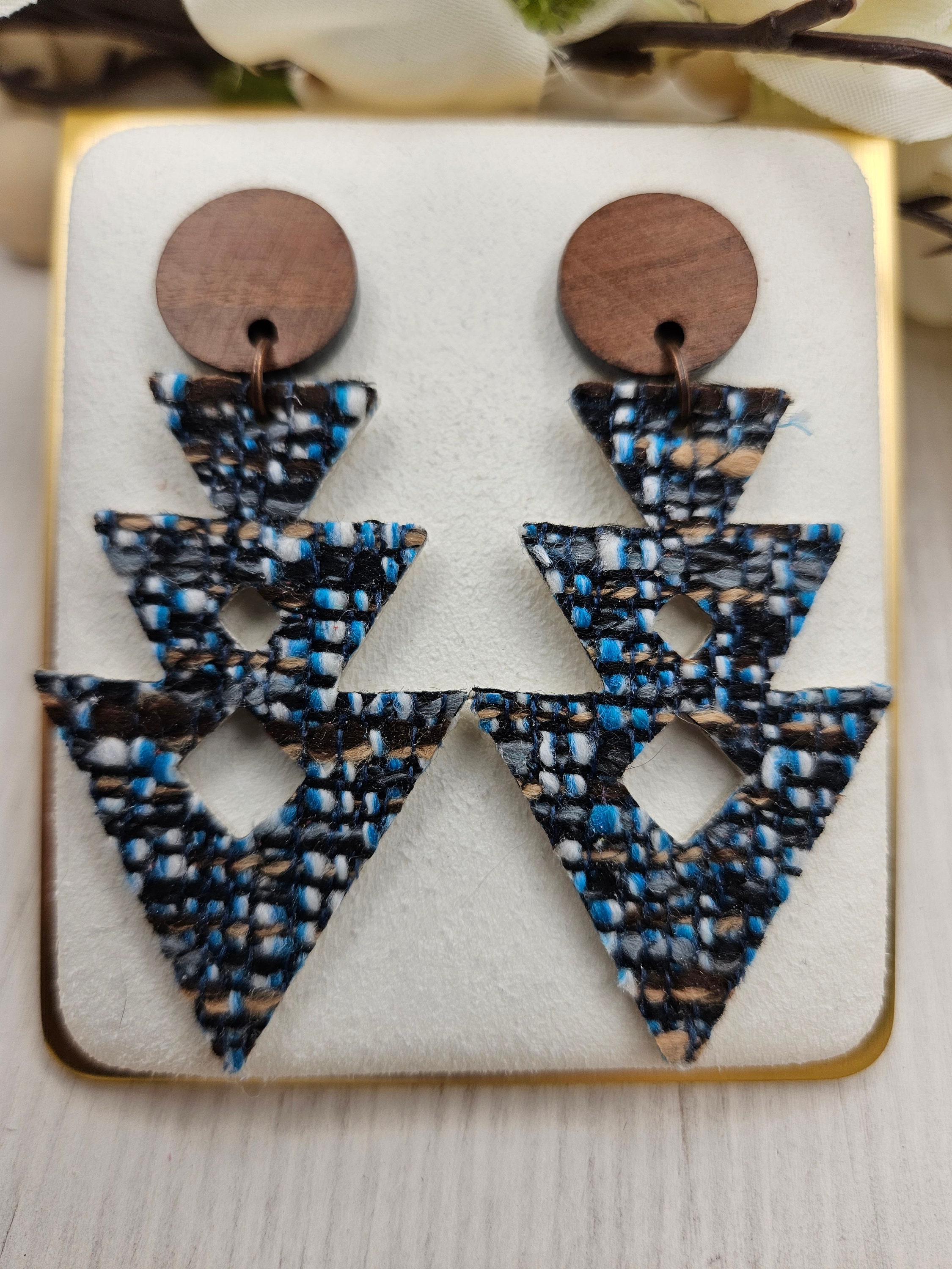 Handmade Lightweight Tweed Earrings with Genuine Leather Backing and Wooden Accent Stud - Thumbnail 4