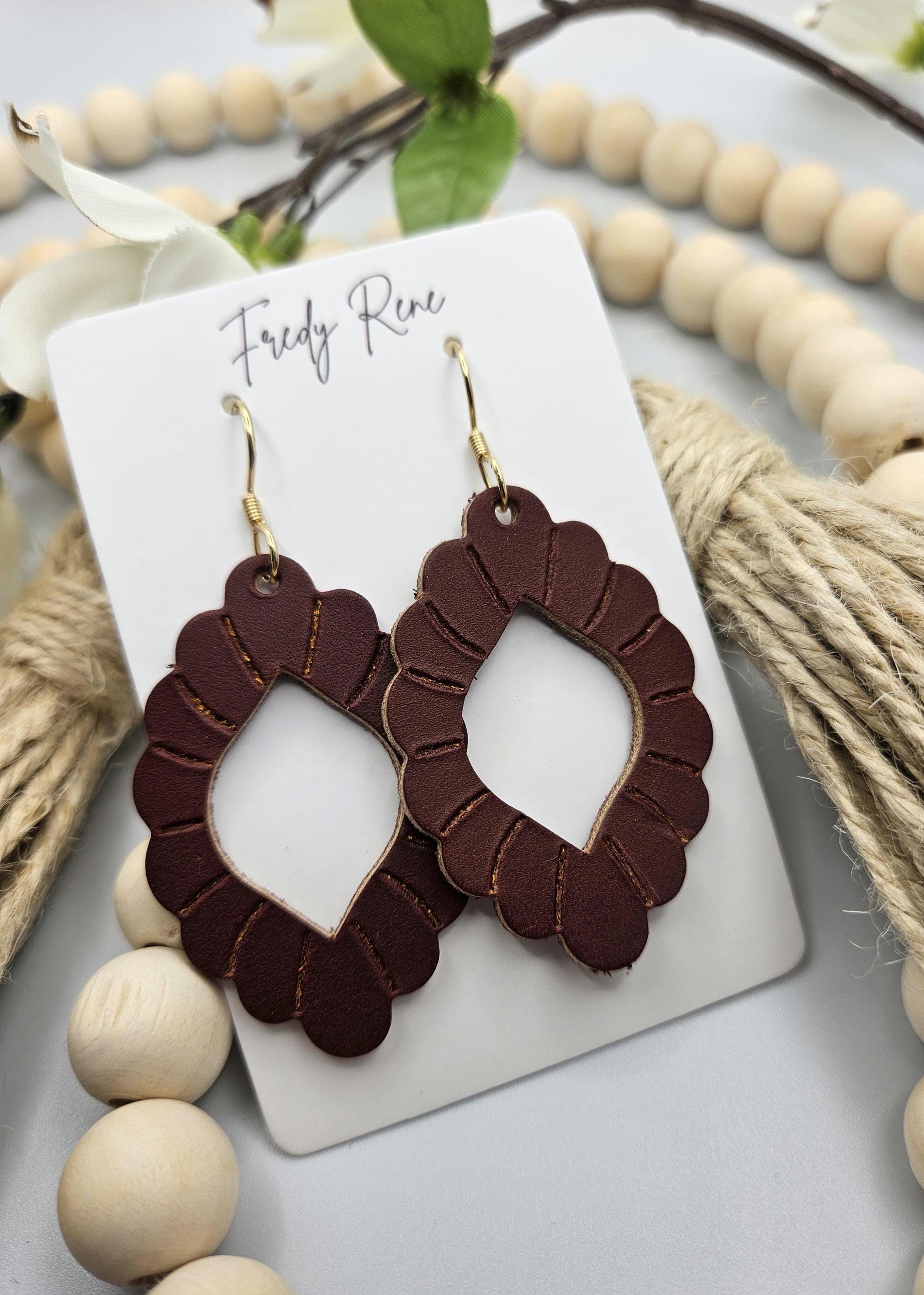 Embossed Reddish Brown Genuine Leather Earrings - Thumbnail 2