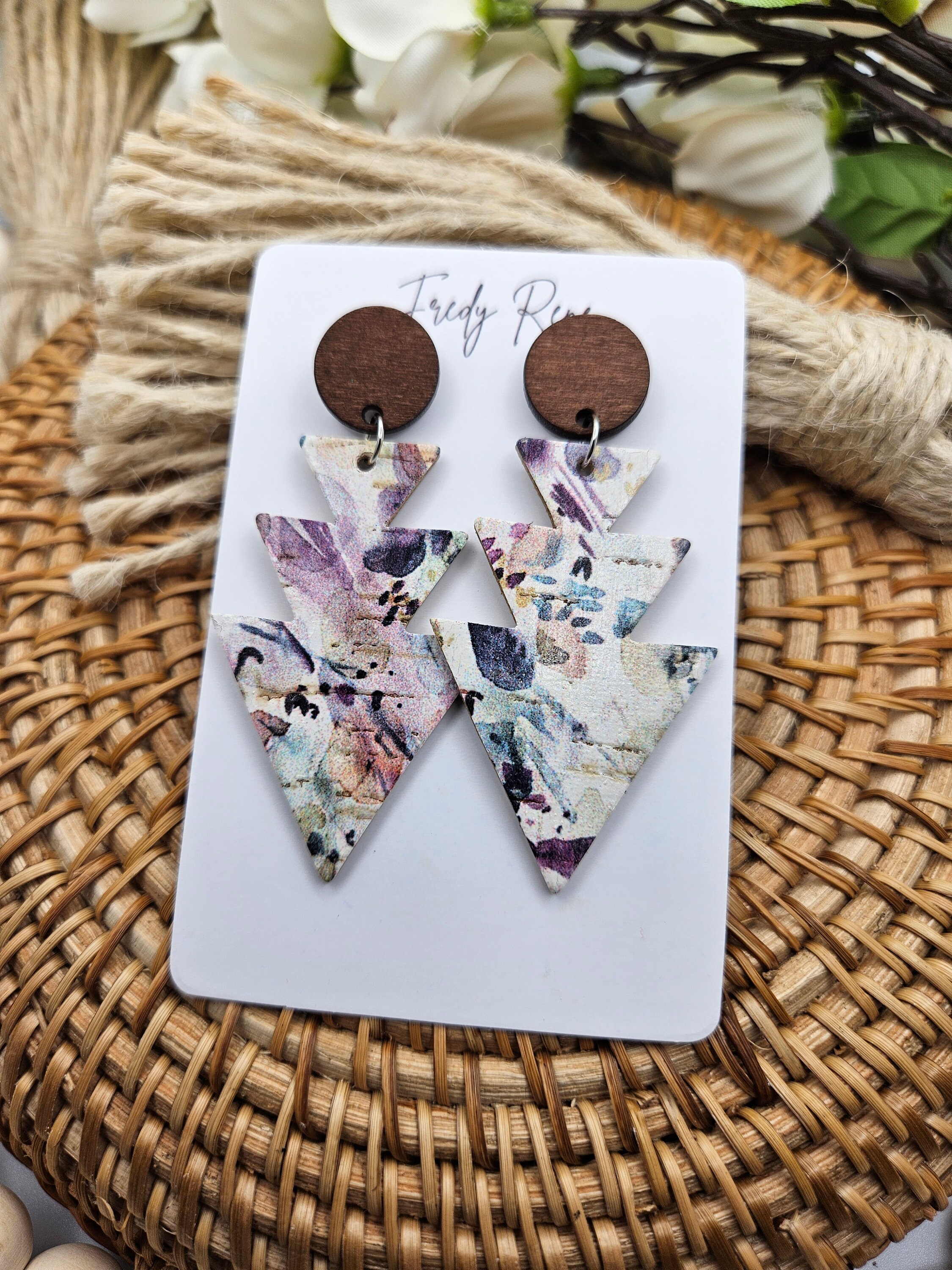 Watercolor Floral Cork Earrings with Genuine Leather Backing- Lightweight Handmade with Wooden Studs - Thumbnail 5