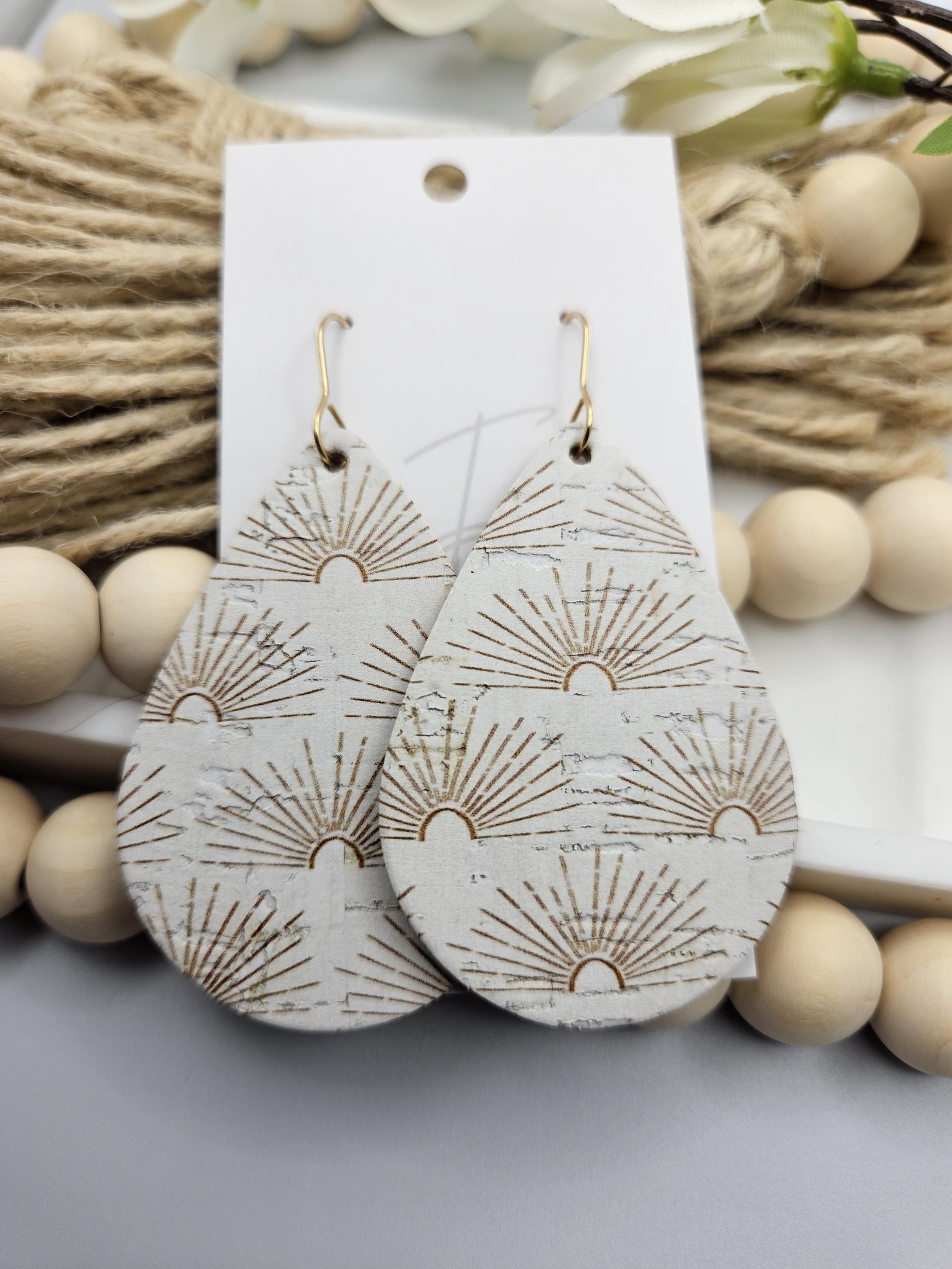 Large Golden Sun Cork Teardrop Earrings with Genuine Leather Backing - Trendy Lightweight Design for Everyday Wear - Thumbnail 3