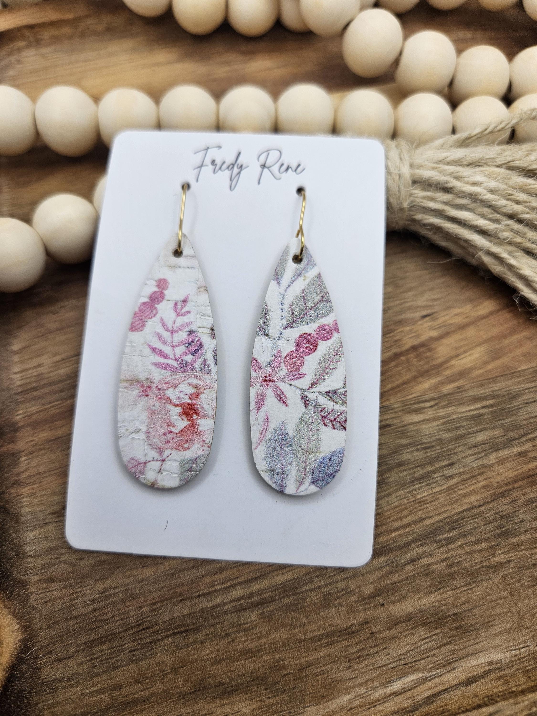 Handcrafted Narrow Floral Cork Teardrop Earrings with Genuine Leather Backing - Thumbnail 6