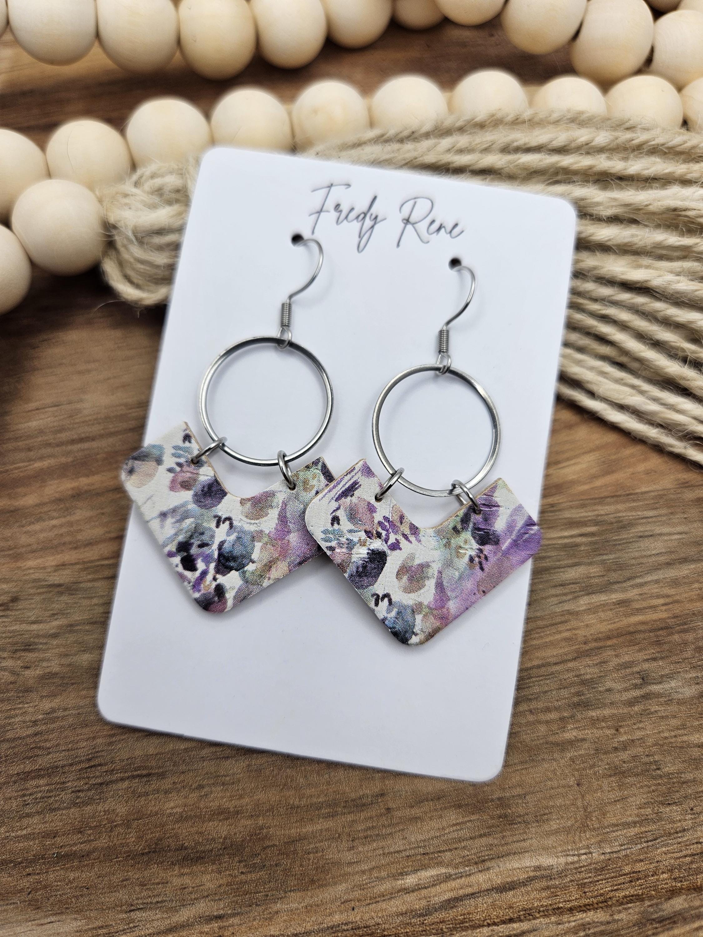 Lavender Floral Cork Earrings with Genuine Leather Backing - Thumbnail 3