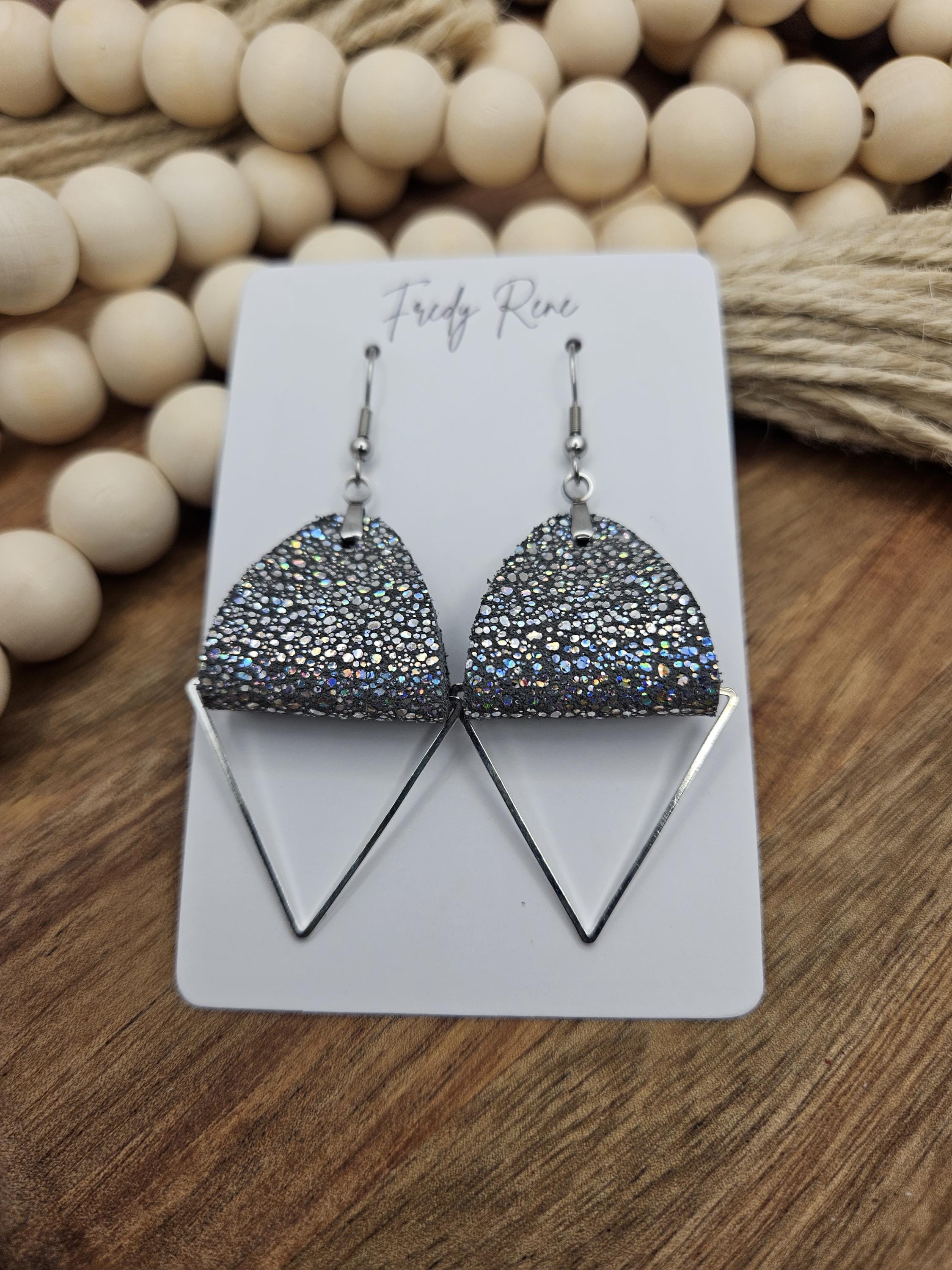Handmade Silver Sparkle Leather Earrings with Silver Metal Triangle- Lightweight