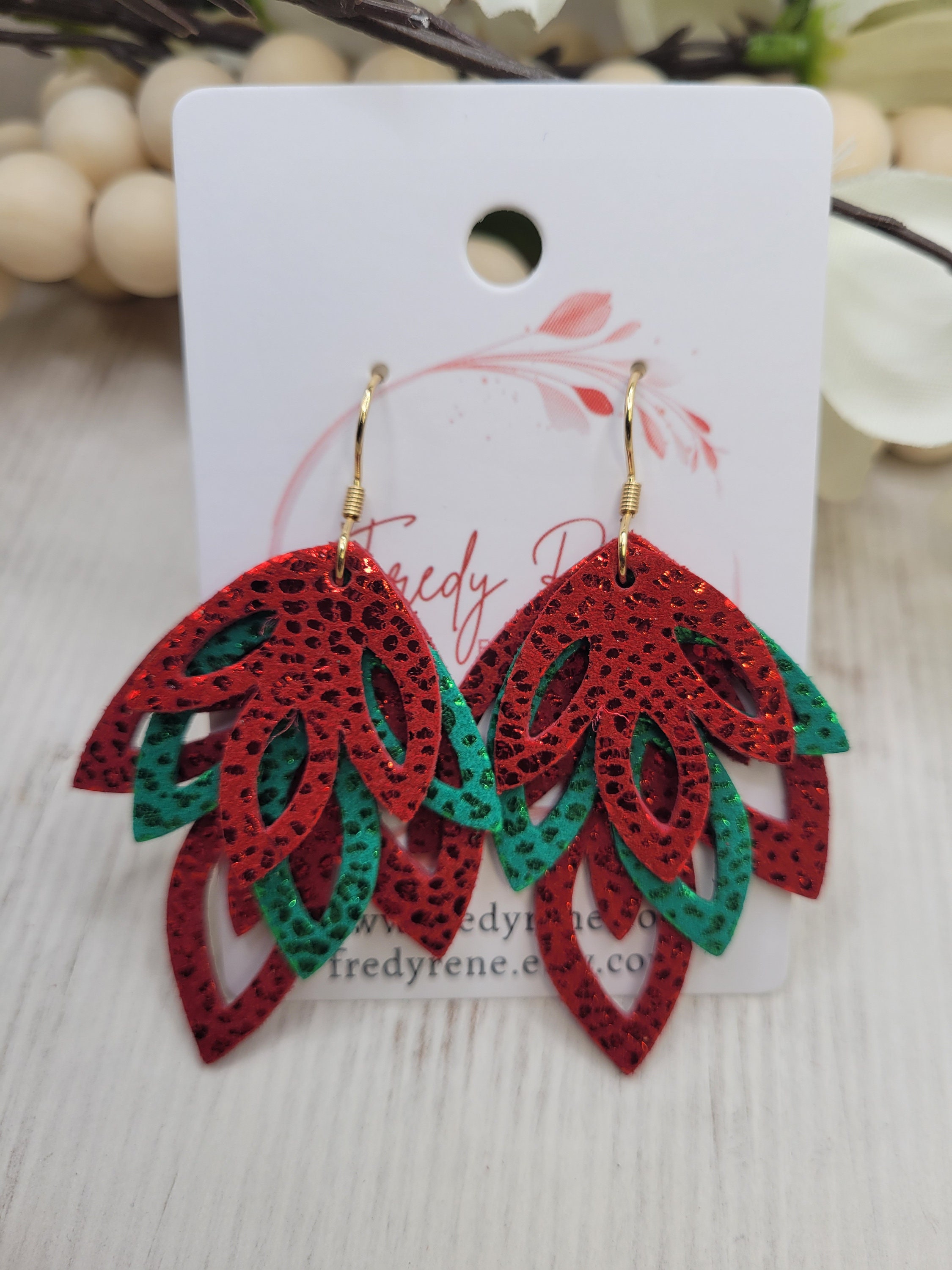Red & Green Iridescence Festive Leather Earrings- Handmade Lightweight Holiday Dangles - Thumbnail 3