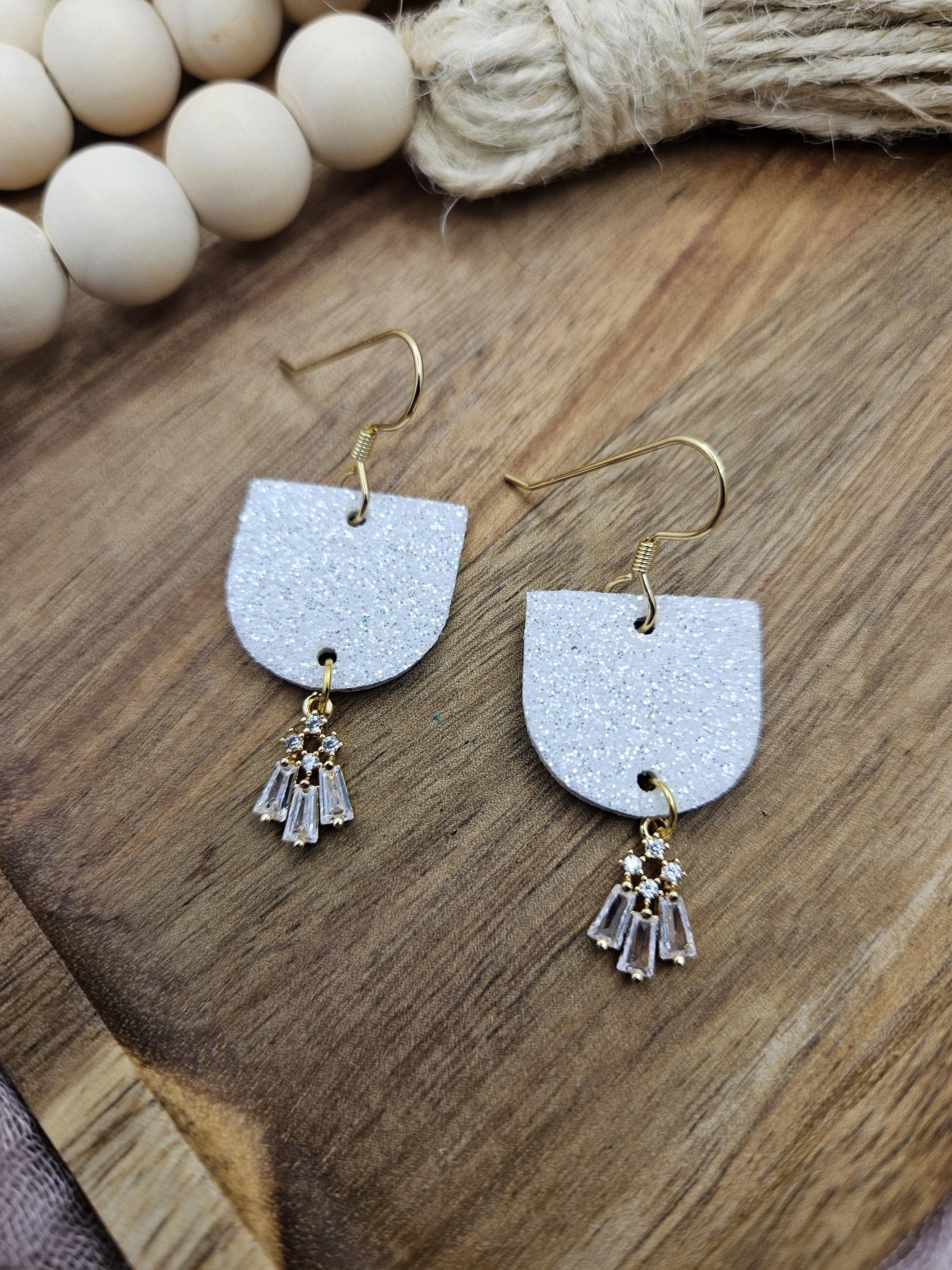 White Glitter Cork Backed with Genuine Leather Earrings - Thumbnail 7