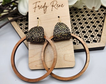 Handmade Black & Gold Leather Wood Hoop Earrings - Lightweight