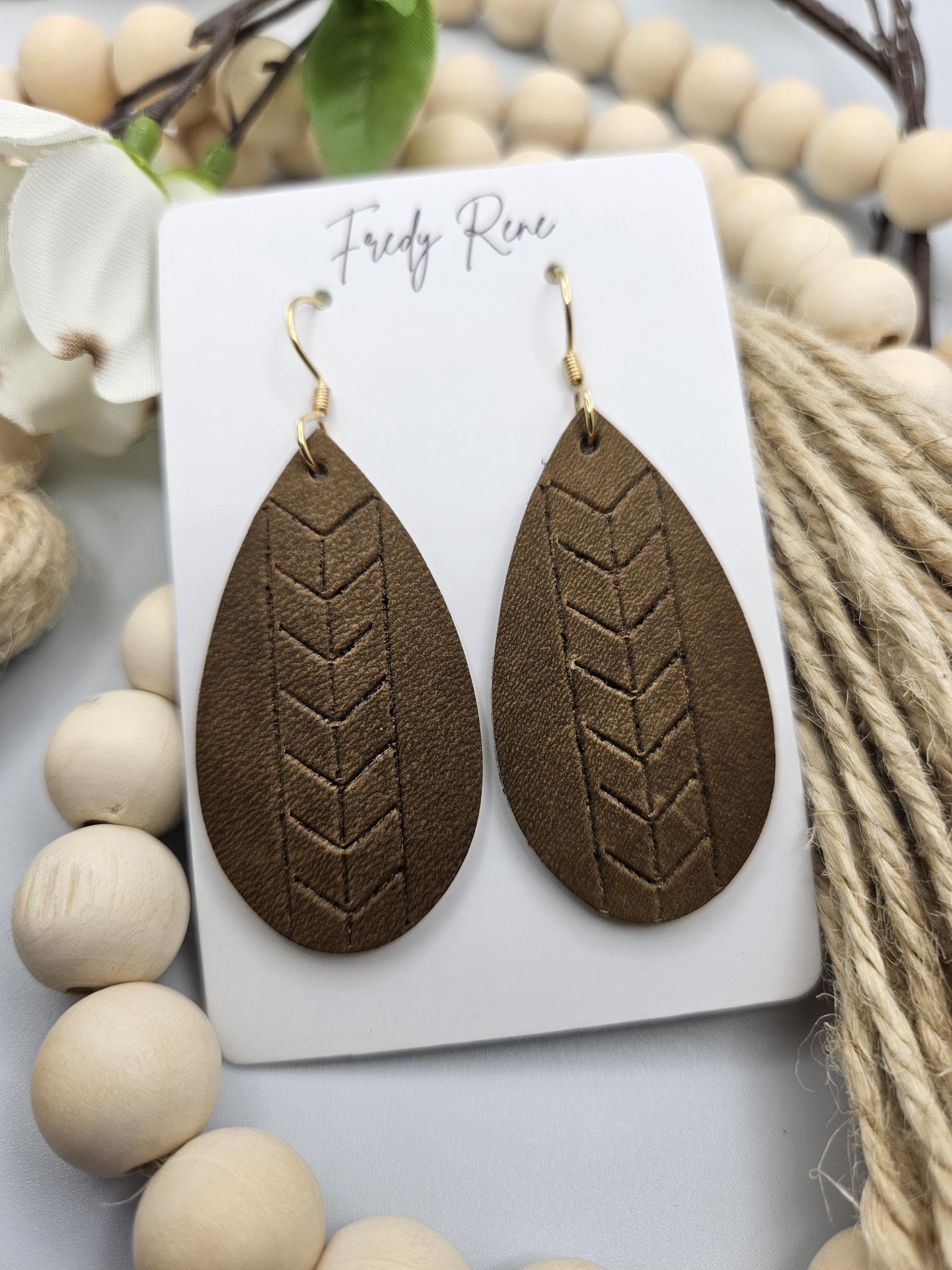 Medium Embossed Leather Teardrop Earrings- Olive Brown