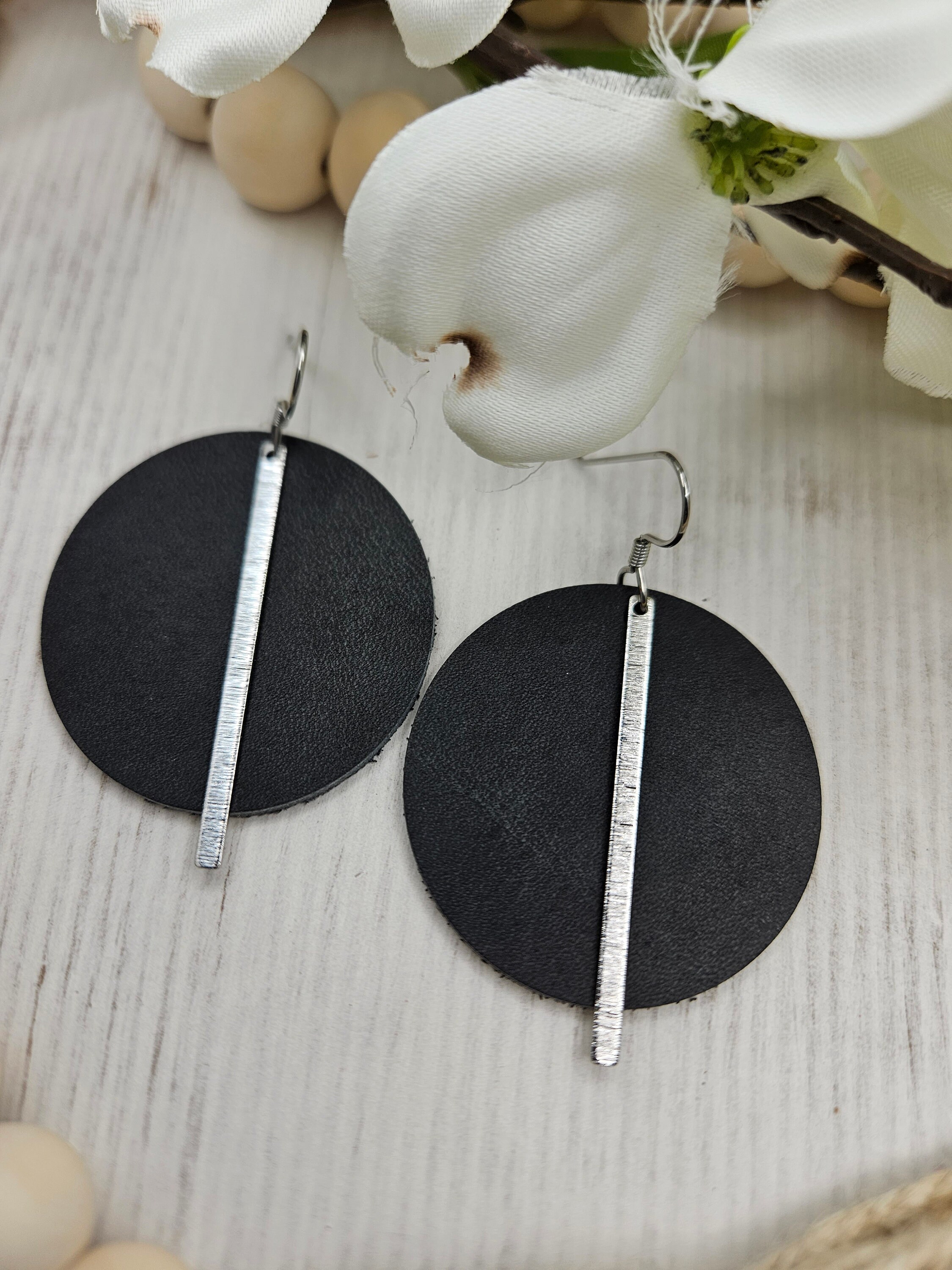 Stylish Dark Grey Leather Earrings with Silver Brass Bars - Handmade Genuine Leather Statement Earrings - Thumbnail 3