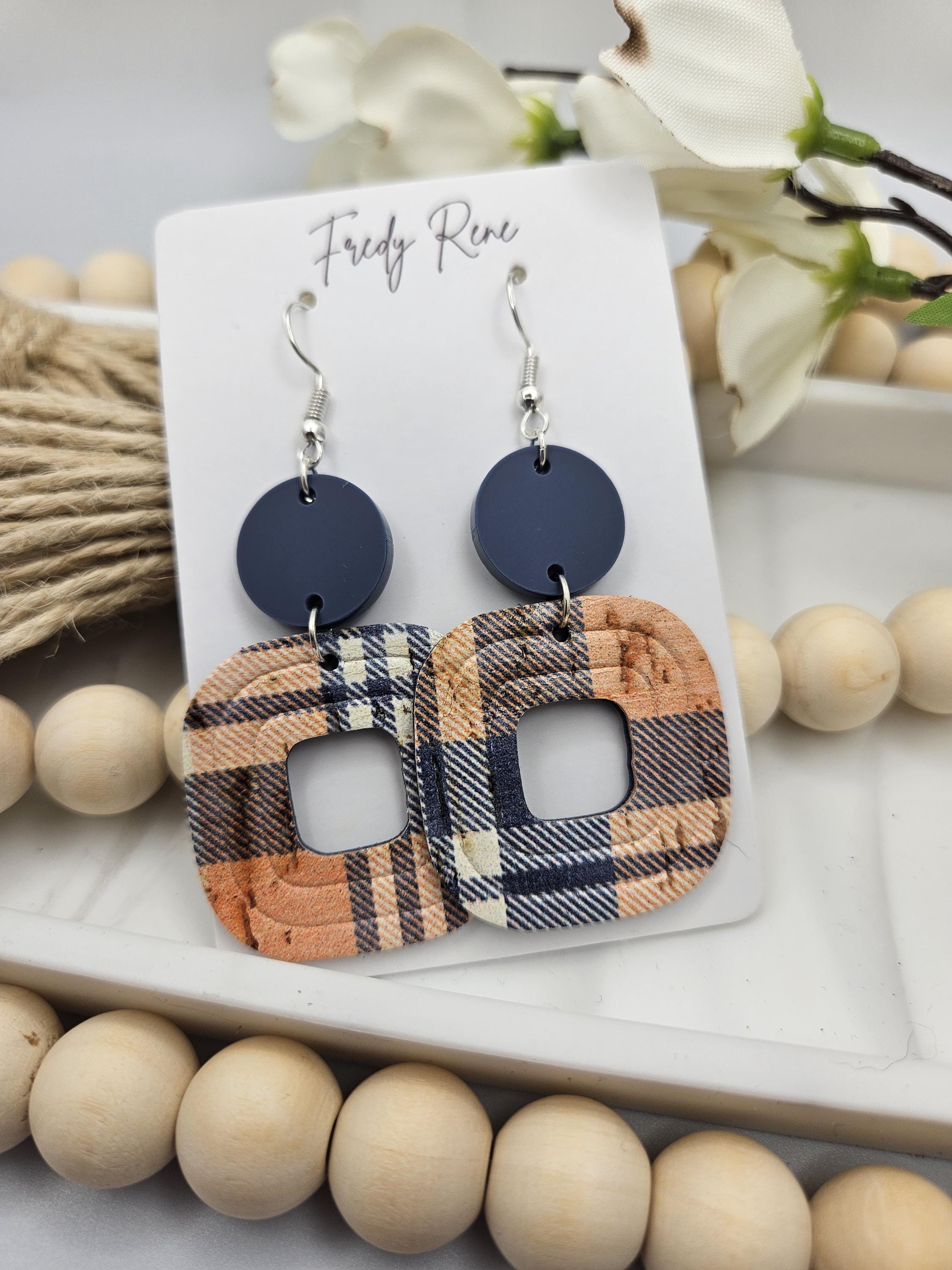 Trendy Fall Plaid Cork Earrings Backed with Genuine Leather for Everyday Wear & Statement Style - Thumbnail 6