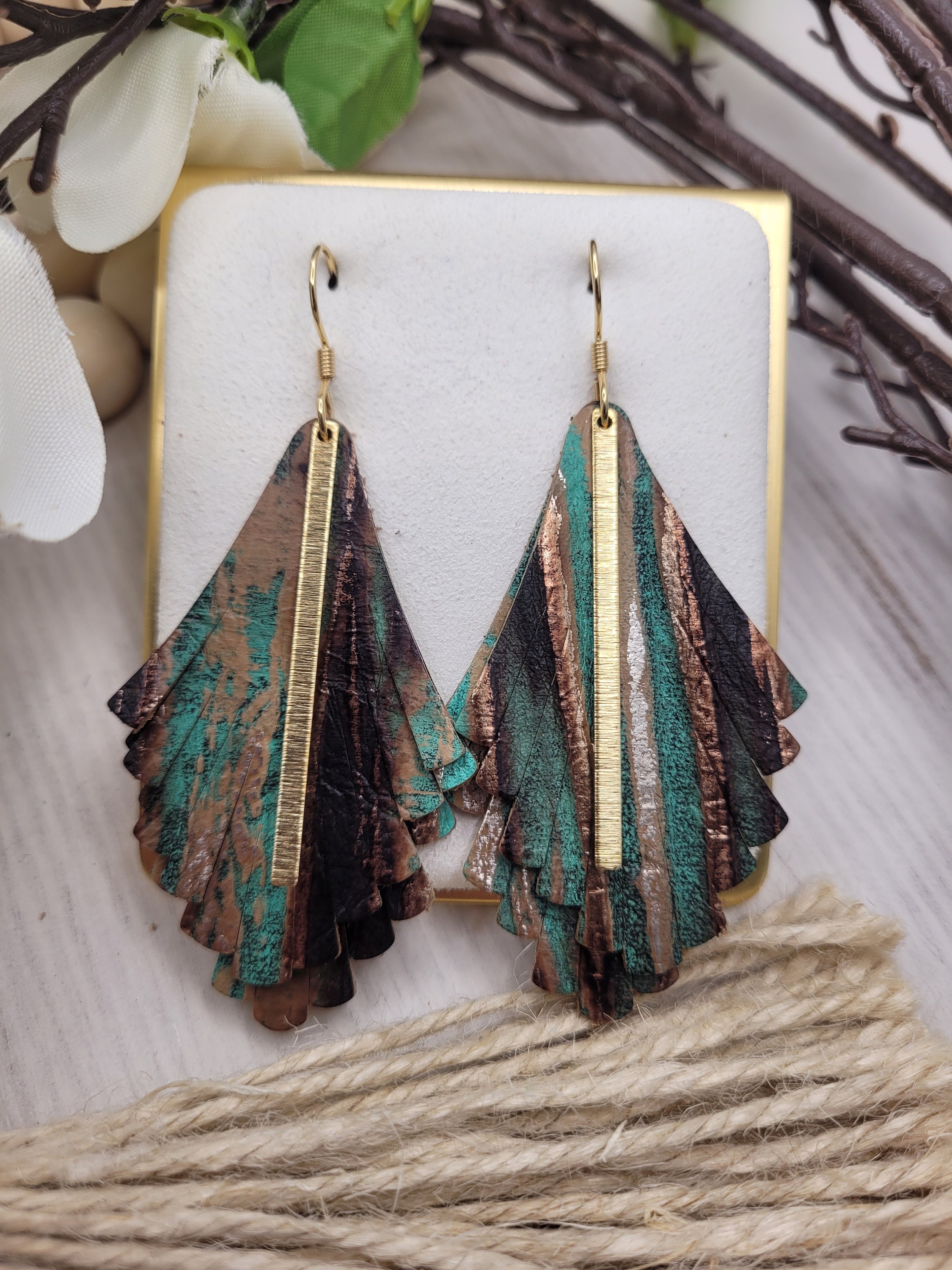 Boho Chic Leather Earrings with Brass Etched Bar - Lightweight, Handmade Turquoise Fringe - Thumbnail 7