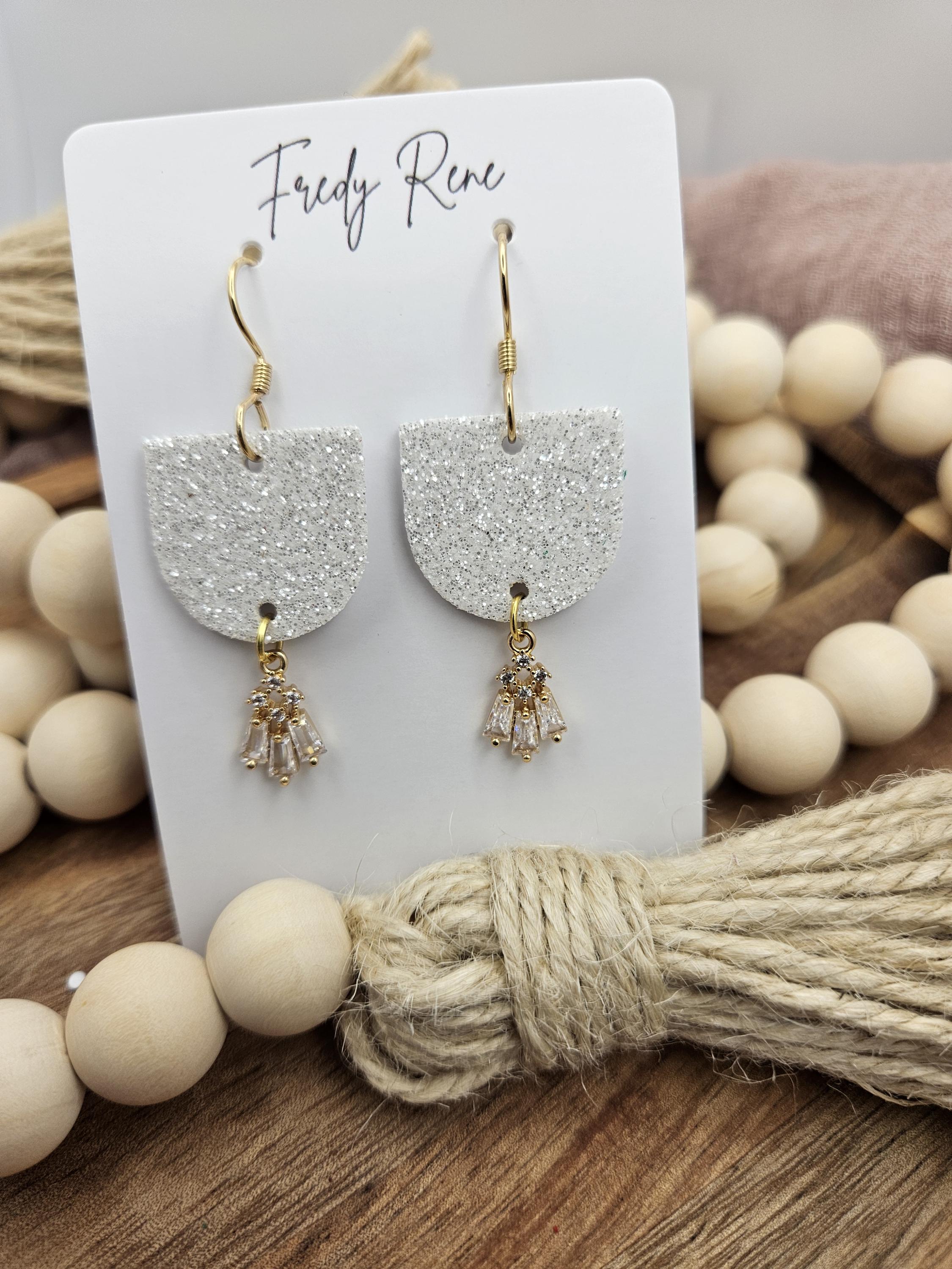 White Glitter Cork Backed with Genuine Leather Earrings - Thumbnail 2