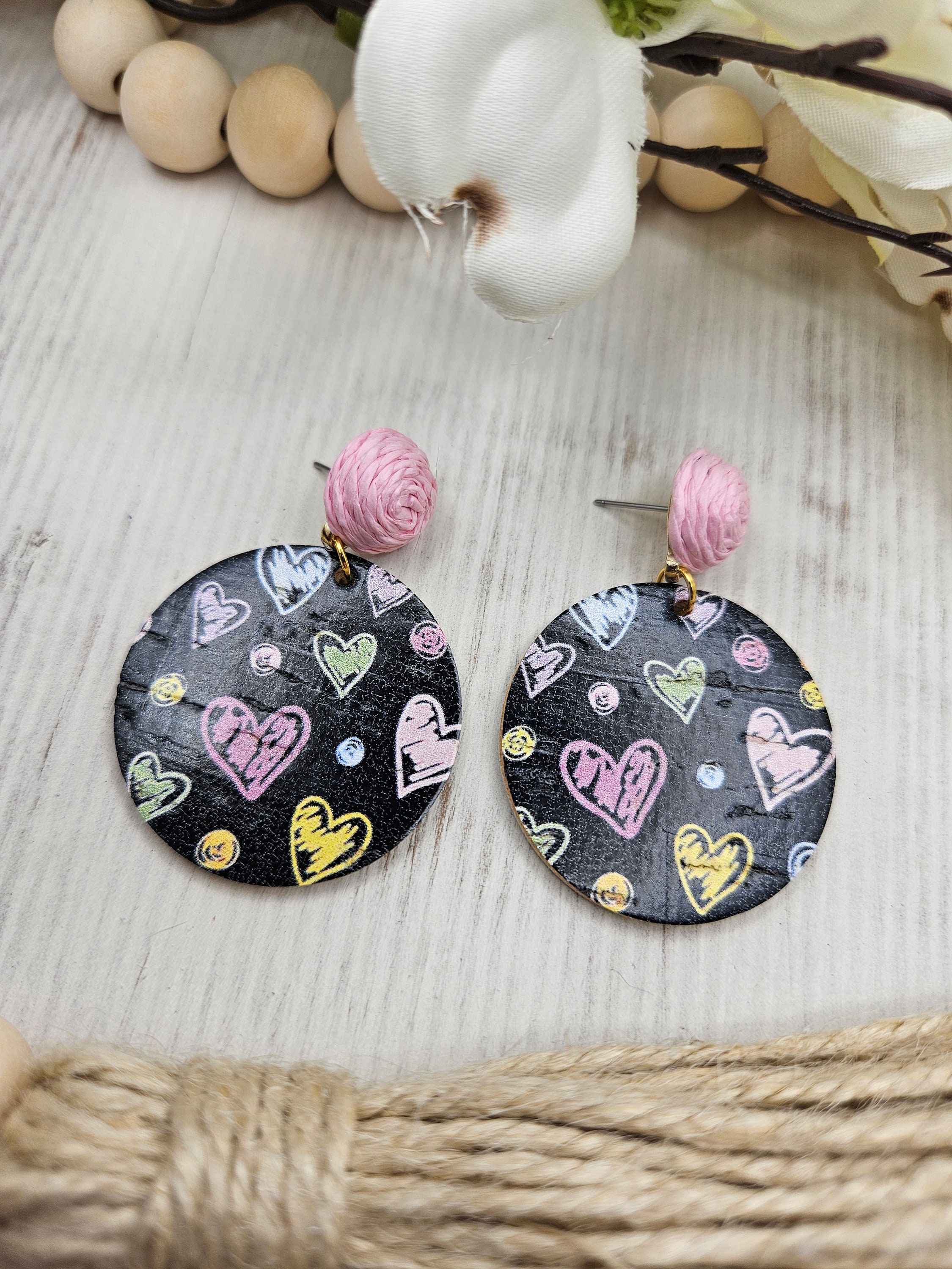 Black Heart Cork Earrings Backed with Genuine Leather with Pink Raffia Rose Studs - Thumbnail 6