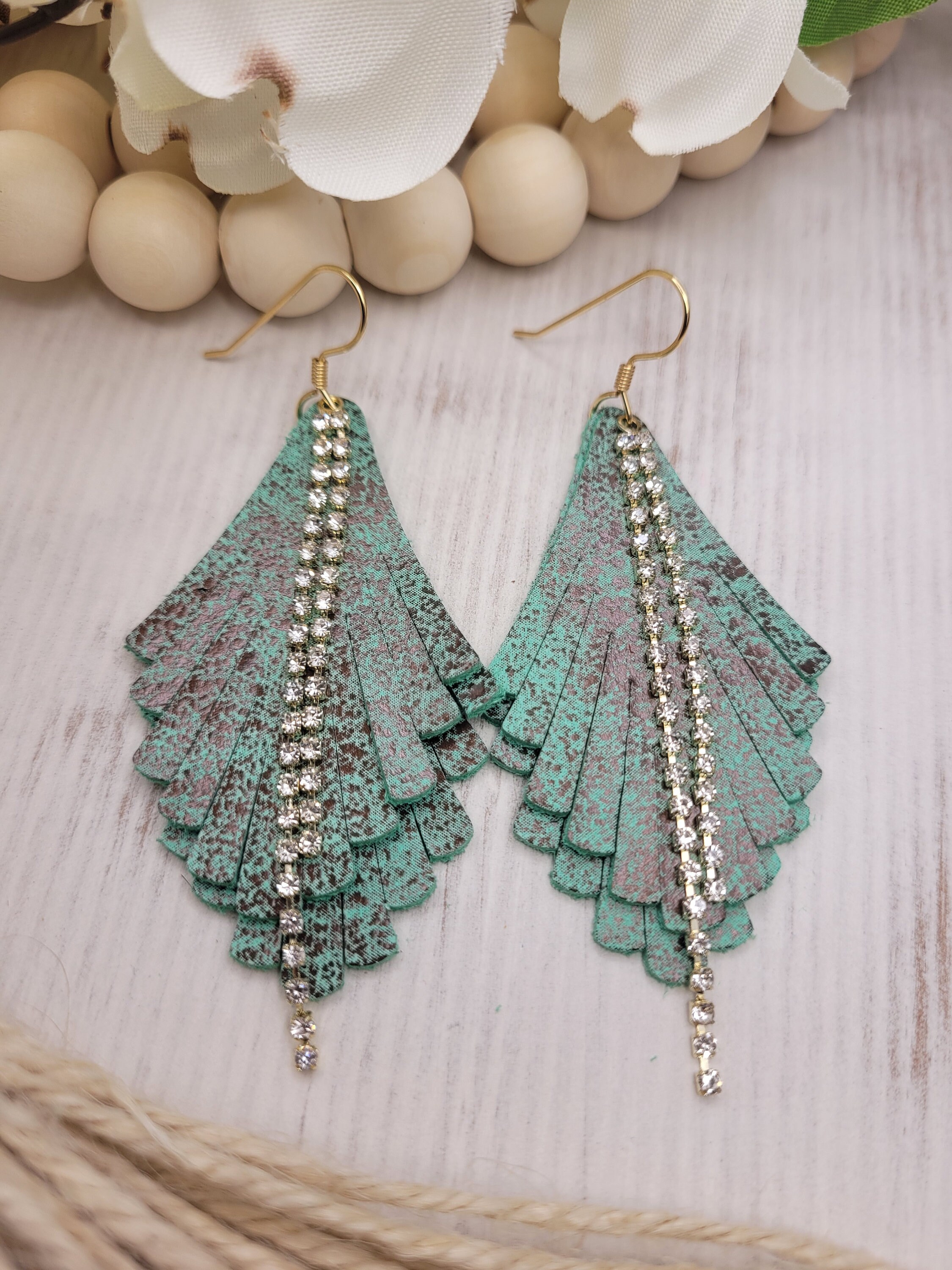 Handmade Lightweight Leather Earrings with Rhinestone Accents - Image 1