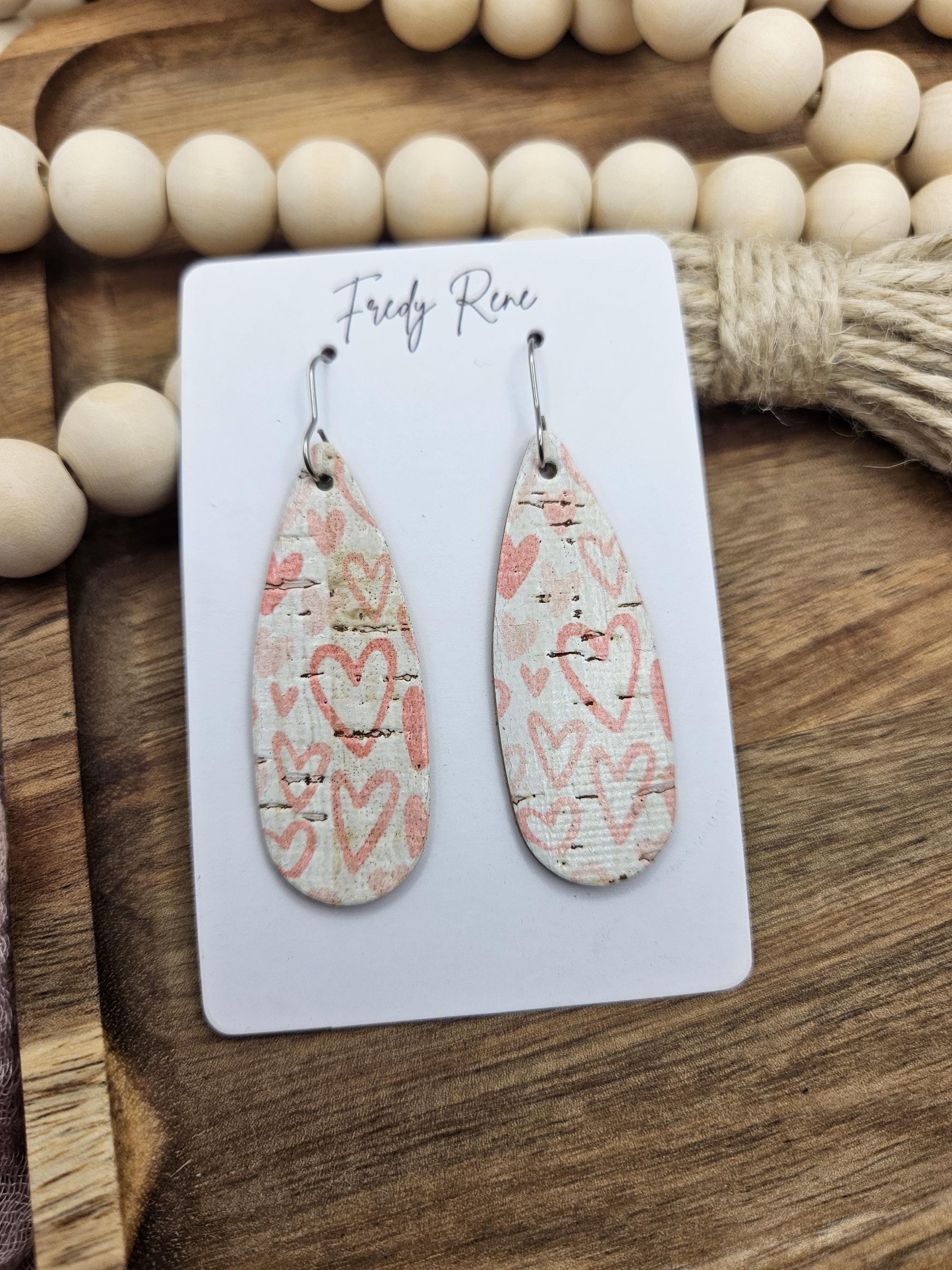 Handcrafted Narrow Heart Cork Teardrop Earrings with Genuine Leather Backing - Thumbnail 5