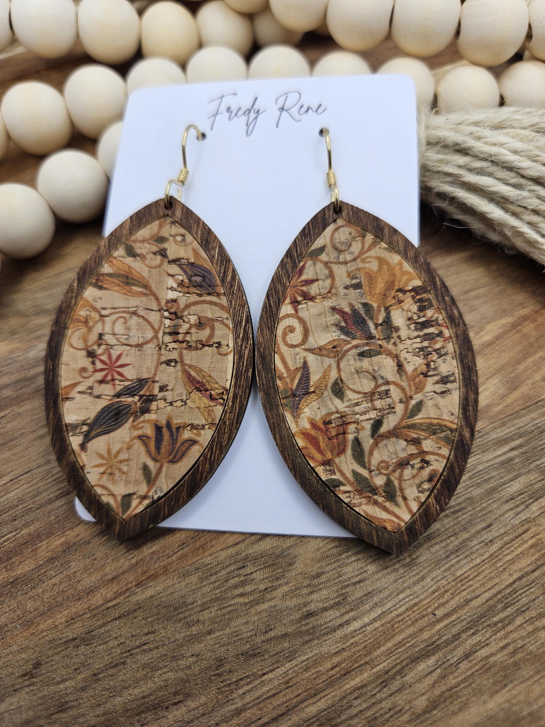 Handcrafted Large Floral Cork Earrings in Wooden Peatals - Thumbnail 2