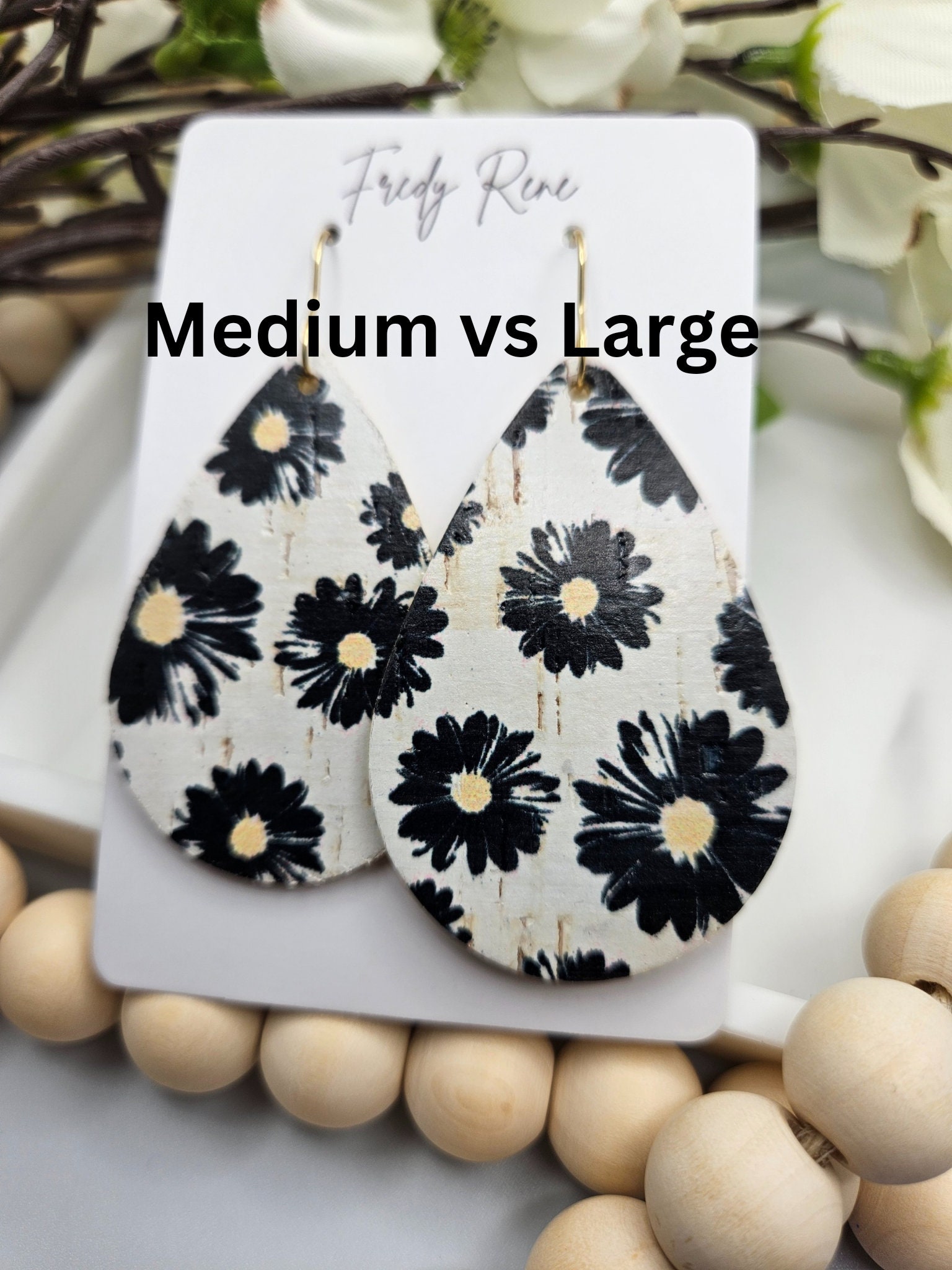 Medium Black Floral Cork Teardrop Earrings with Genuine Leather Backing- Lightweight, Trendy, Unique Design - Thumbnail 5