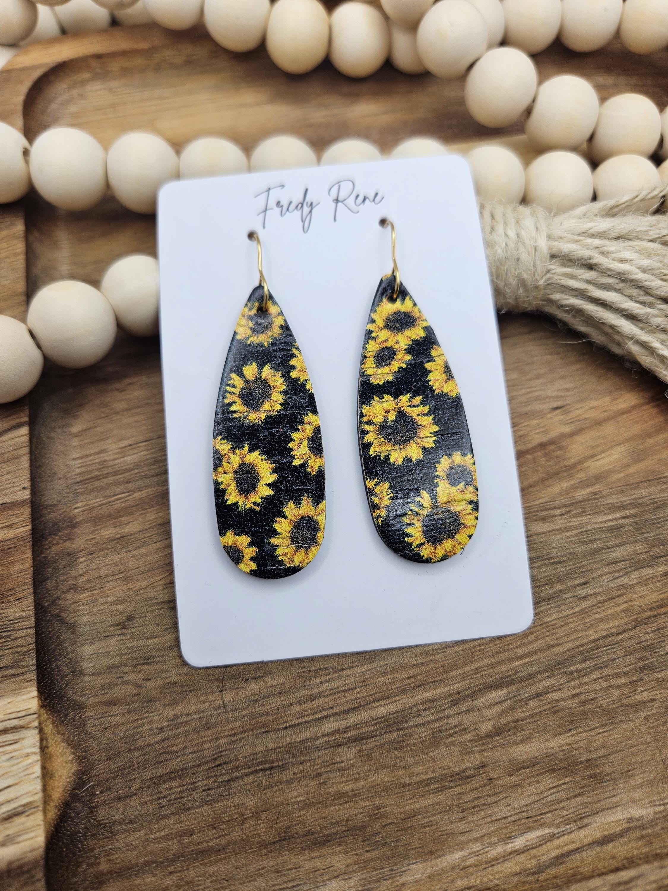 Handcrafted Narrow Sunflower Cork Teardrop Earrings with Genuine Leather Backing - Thumbnail 5