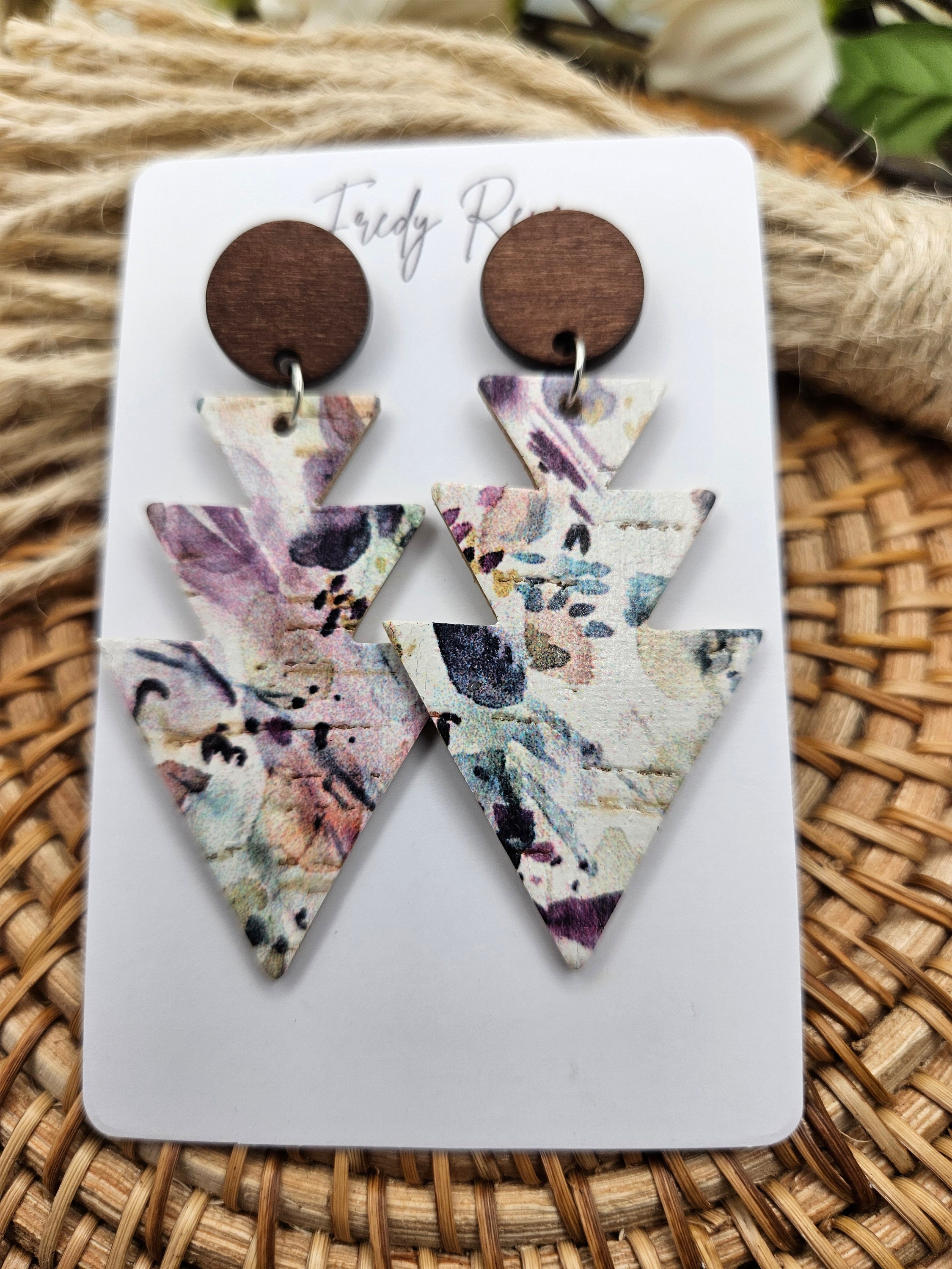 Watercolor Floral Cork Earrings with Genuine Leather Backing- Lightweight Handmade with Wooden Studs - Image 1