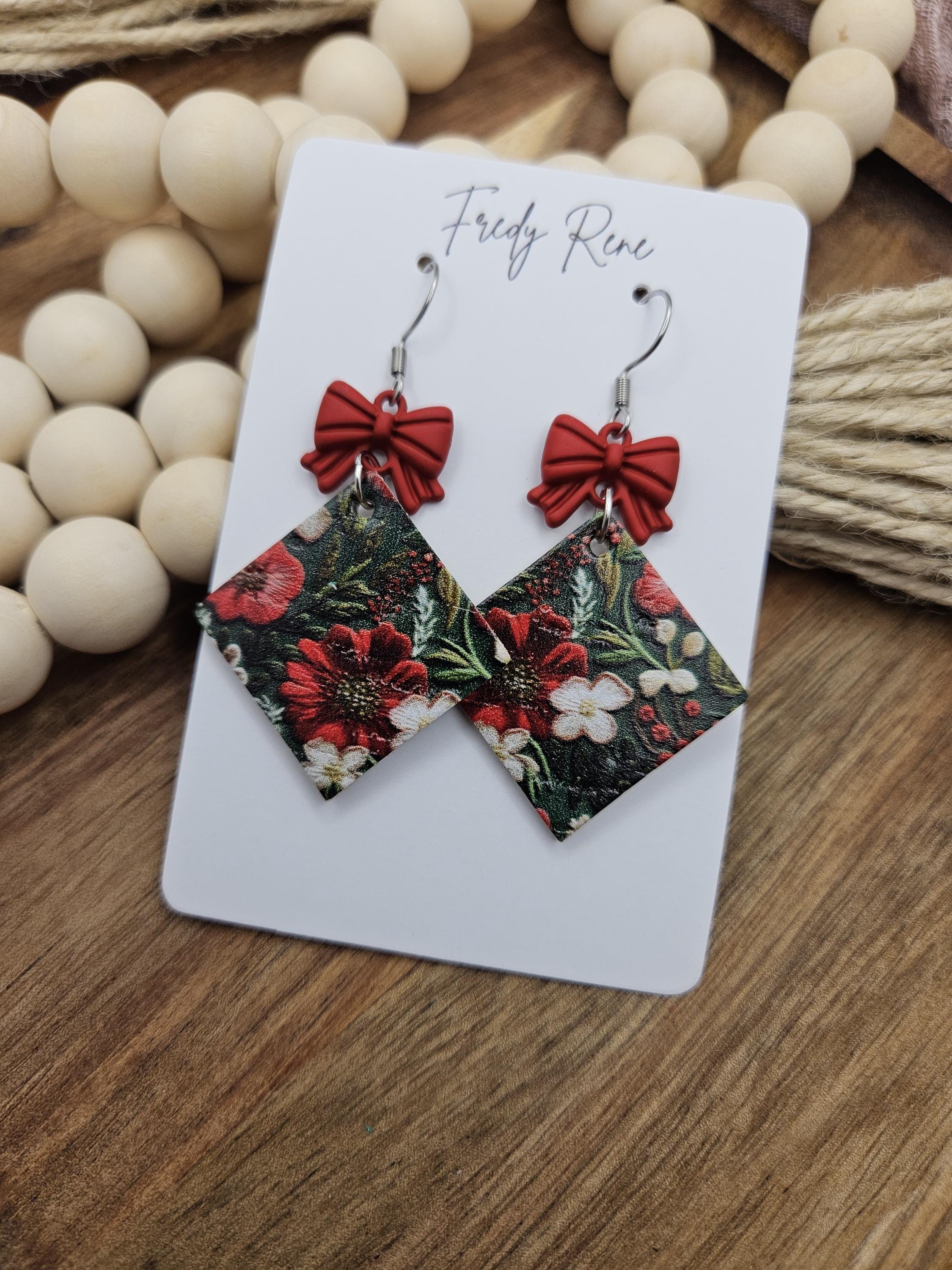 Handcrafted Red & Green Floral Cork Earrings with Genuine Leather Backing- Lightweight, Stylish, and Trendy Accessory for Holiday Wear - Thumbnail 6