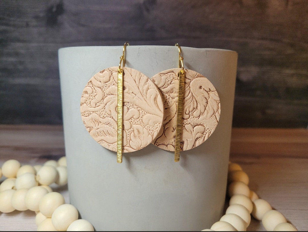 Handmade Embossed Tan Leather & Brass Earrings with Stainless Steel Hooks for Everyday Wear