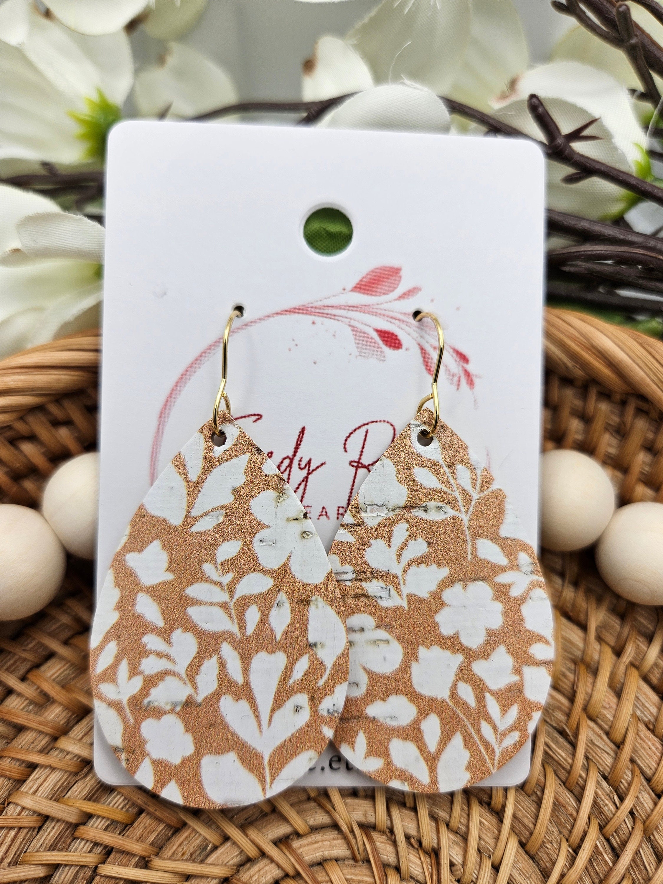 Medium Handcrafted Floral Cork Teardrop Earrings with Genuine Leather Backing - Thumbnail 5