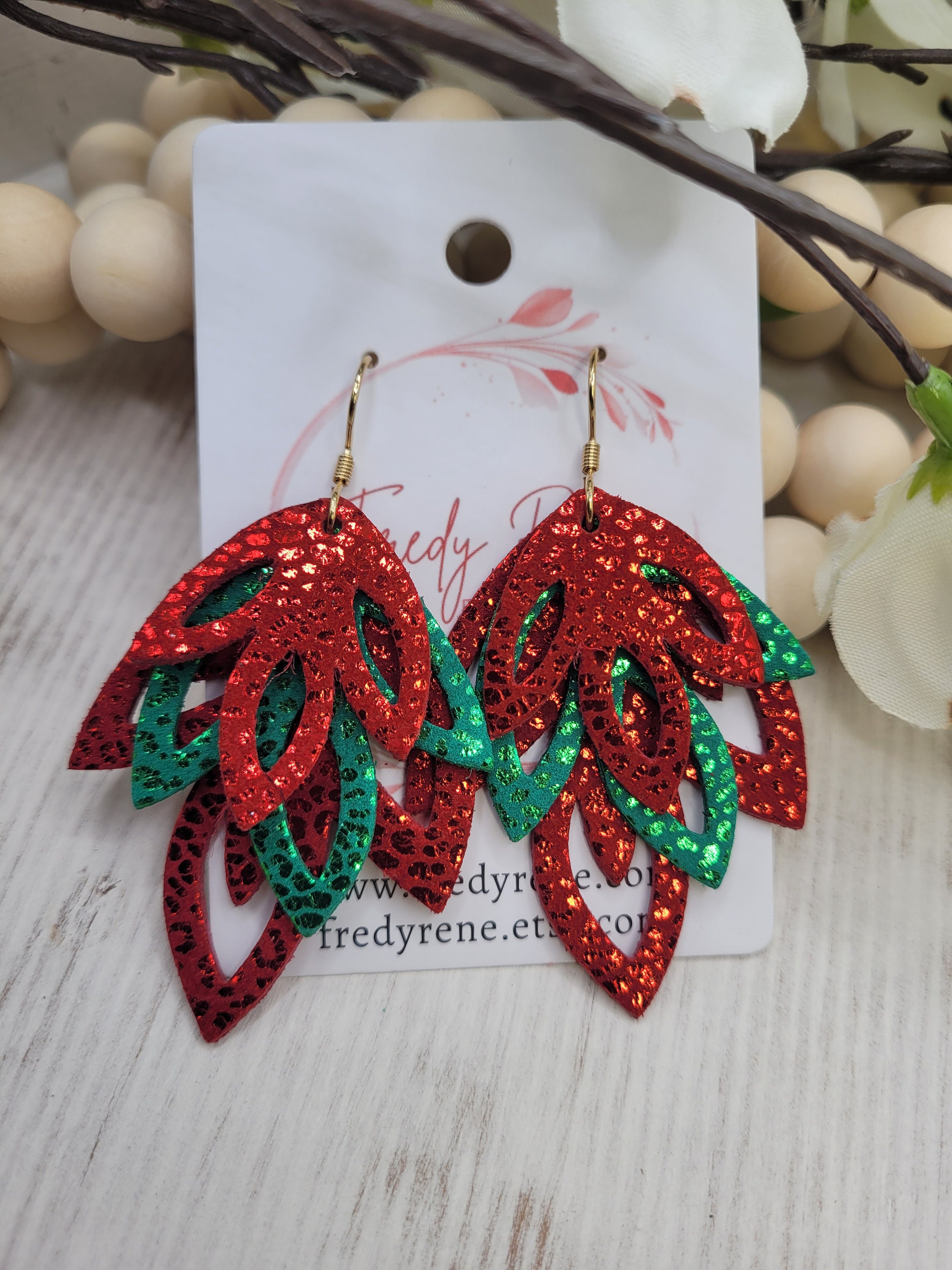Red & Green Iridescence Festive Leather Earrings- Handmade Lightweight Holiday Dangles - Thumbnail 5