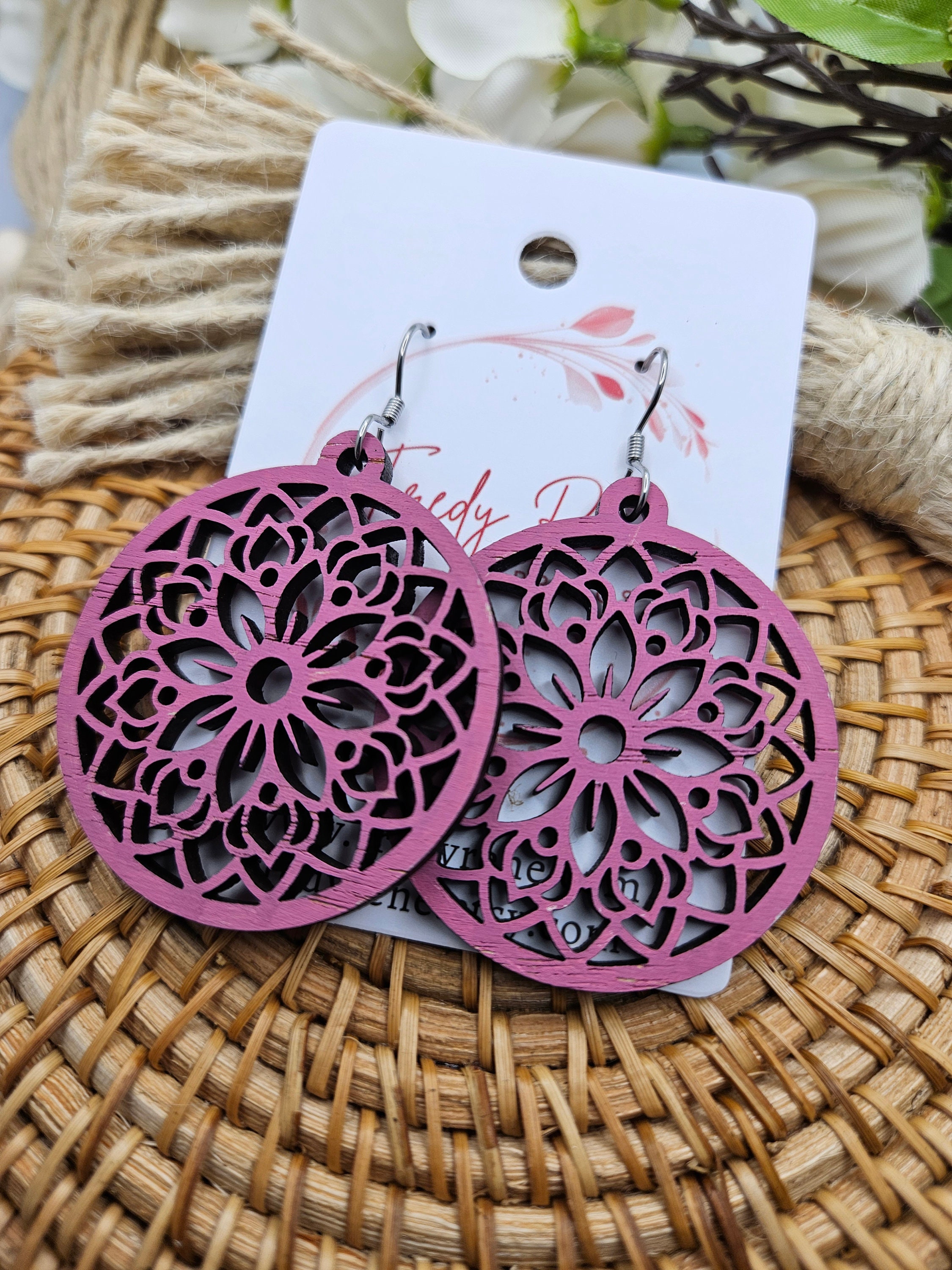 Handpainted Wooden Floral Earrings - Lightweight Statement Jewelry for Everyday Wear - Thumbnail 4