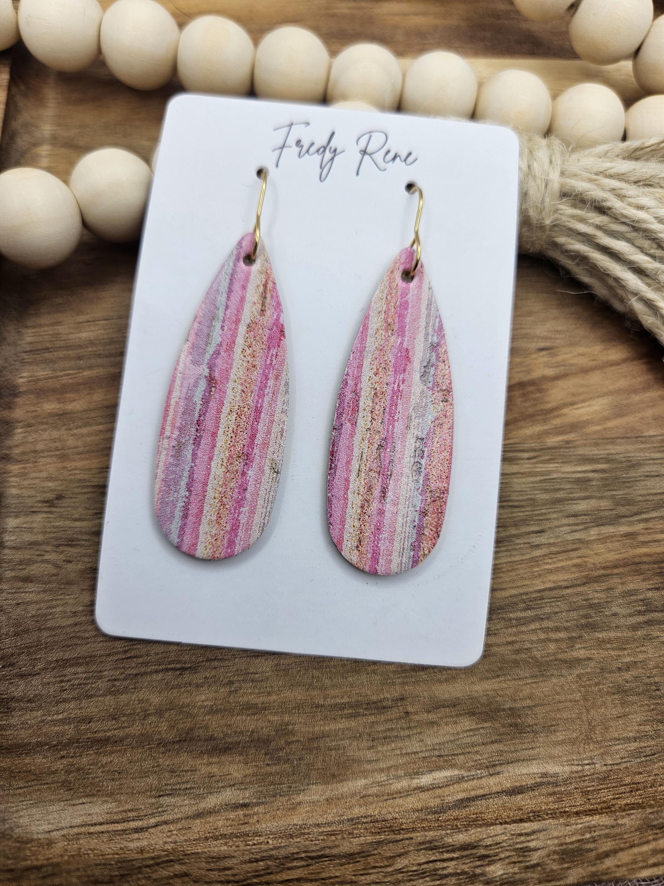 Handmade Narrow Striped Cork Teardrop Earrings with Genuine Leather Backing - Thumbnail 2