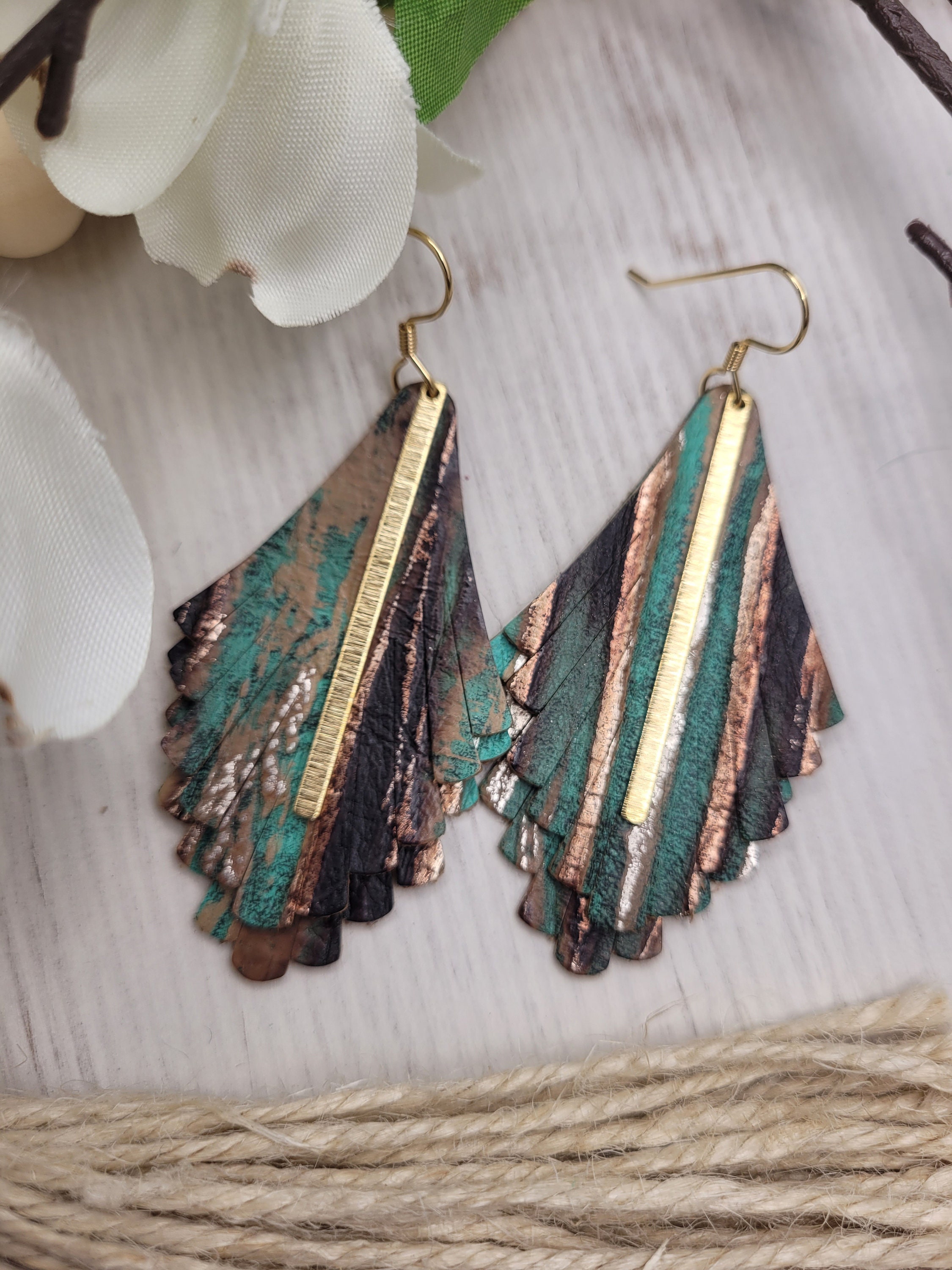 Boho Chic Leather Earrings with Brass Etched Bar - Lightweight, Handmade Turquoise Fringe - Thumbnail 3