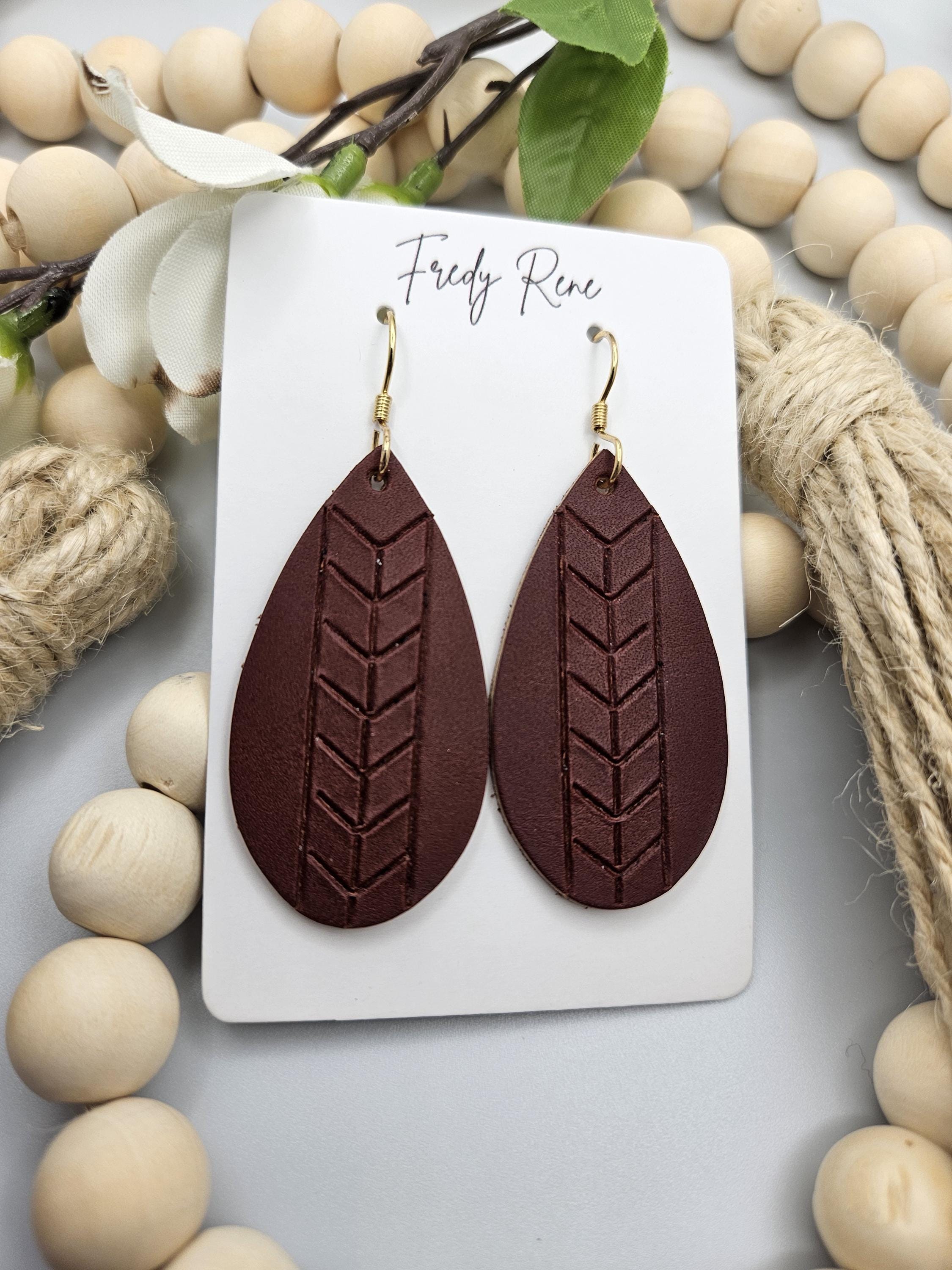 Medium Handmade Embossed Leather Teardrop Earrings in Reddish Brown - Thumbnail 4