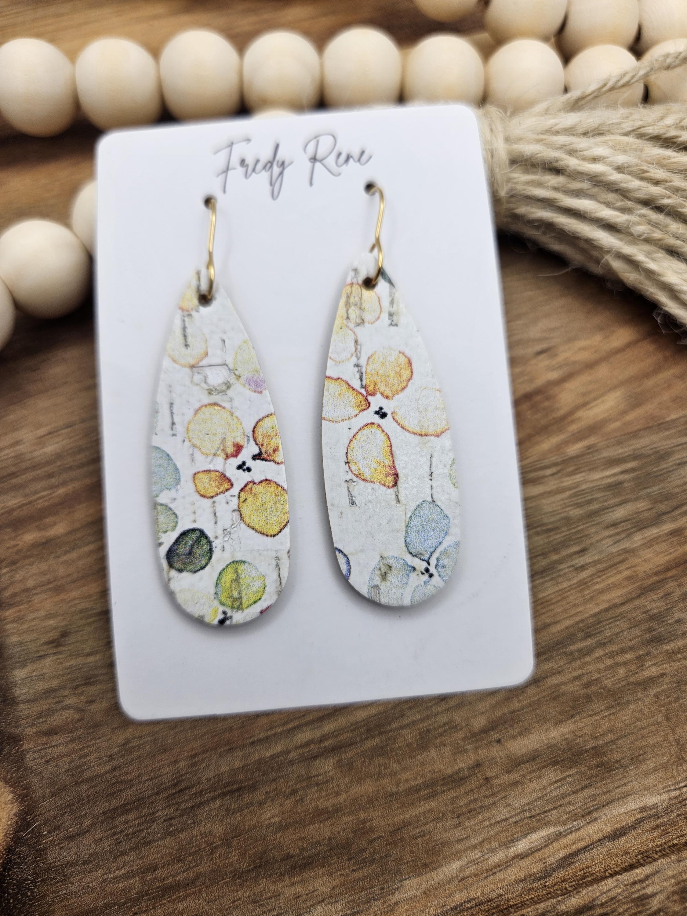 Handcrafted Narrow Watercolor Floral Cork Teardrop Earrings with Genuine Leather Backing - Thumbnail 7